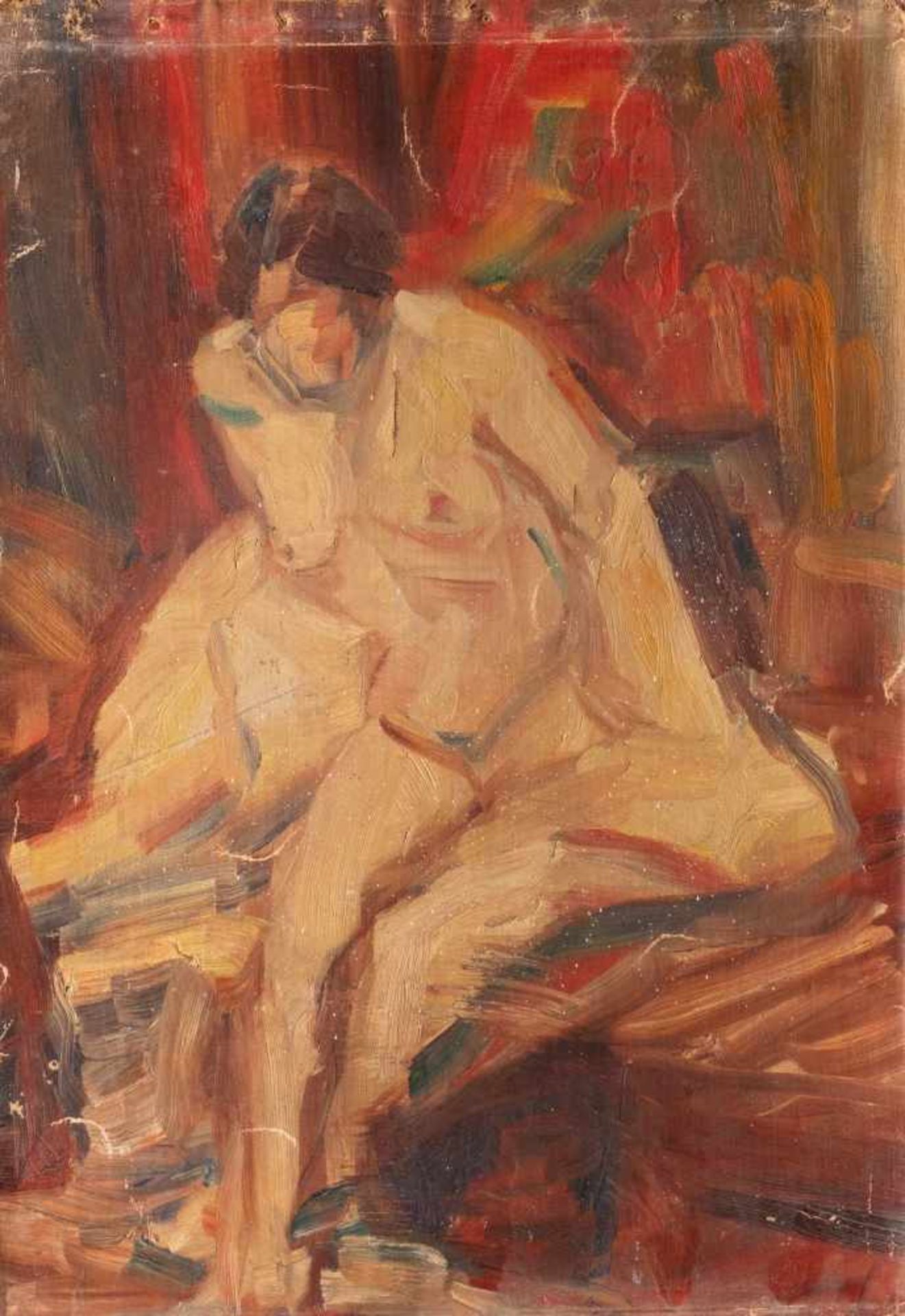 EXPRESSIONISTActive in the 20th century LADY IN BOUDOIR Oil on canvas (not stretched). 61 x 44 cm.