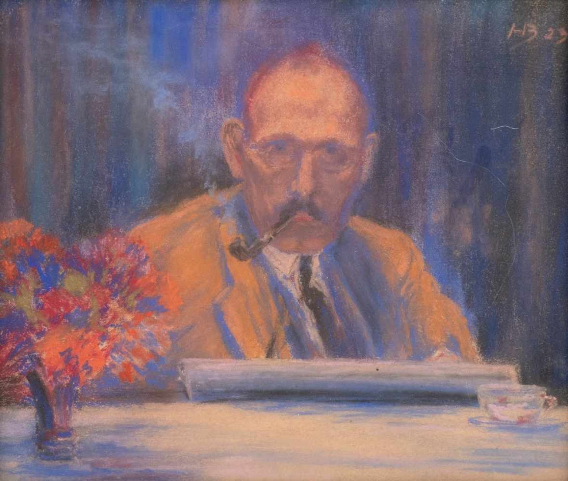 MONOGRAMMIST 'HB'Actice in the 1st half of the 20th century MAN WITH PIPE AT A SET TABLE Pastel