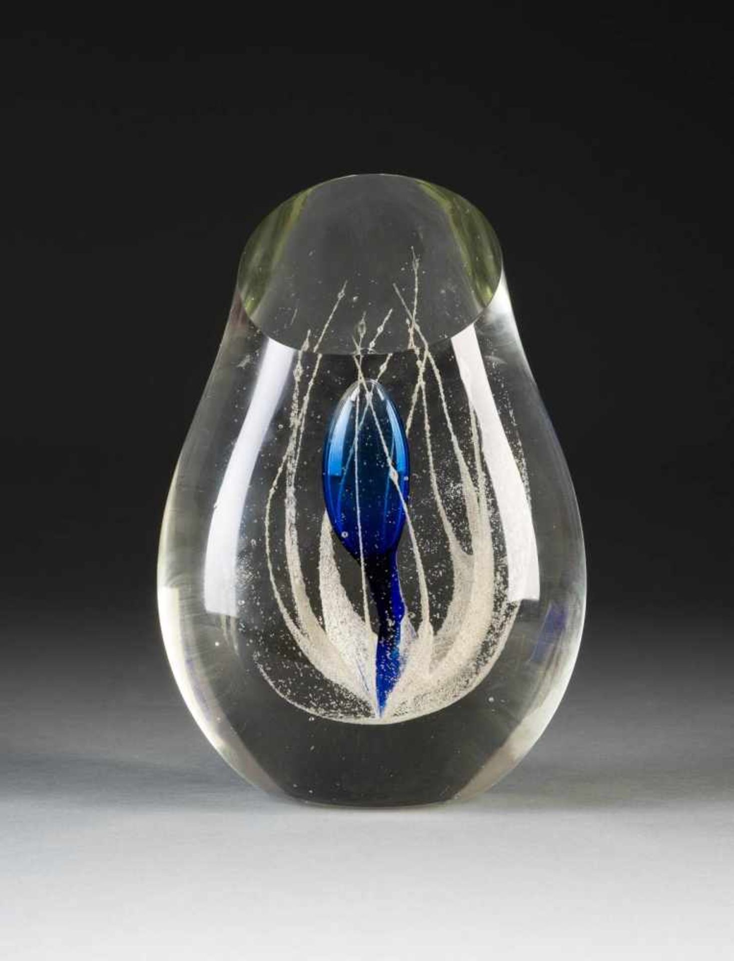 GLASS OBJECT 'AQUA IV'Thick-walled, colourless glass with silver flour inclusions and a glass drop