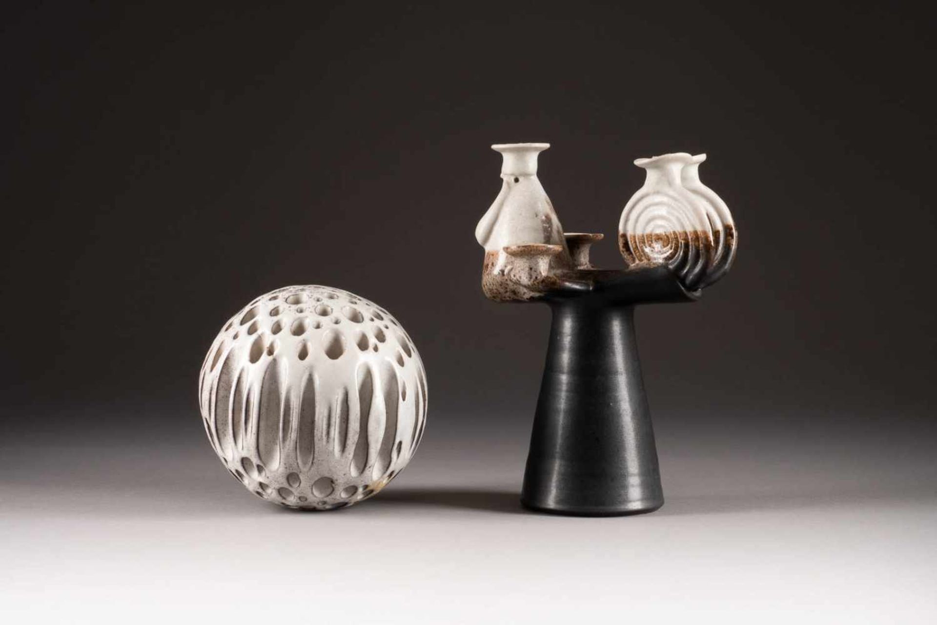 SPHERE AND CHANDELIERGerman, 2nd half of the 20th century Each object ceramic, white and brown