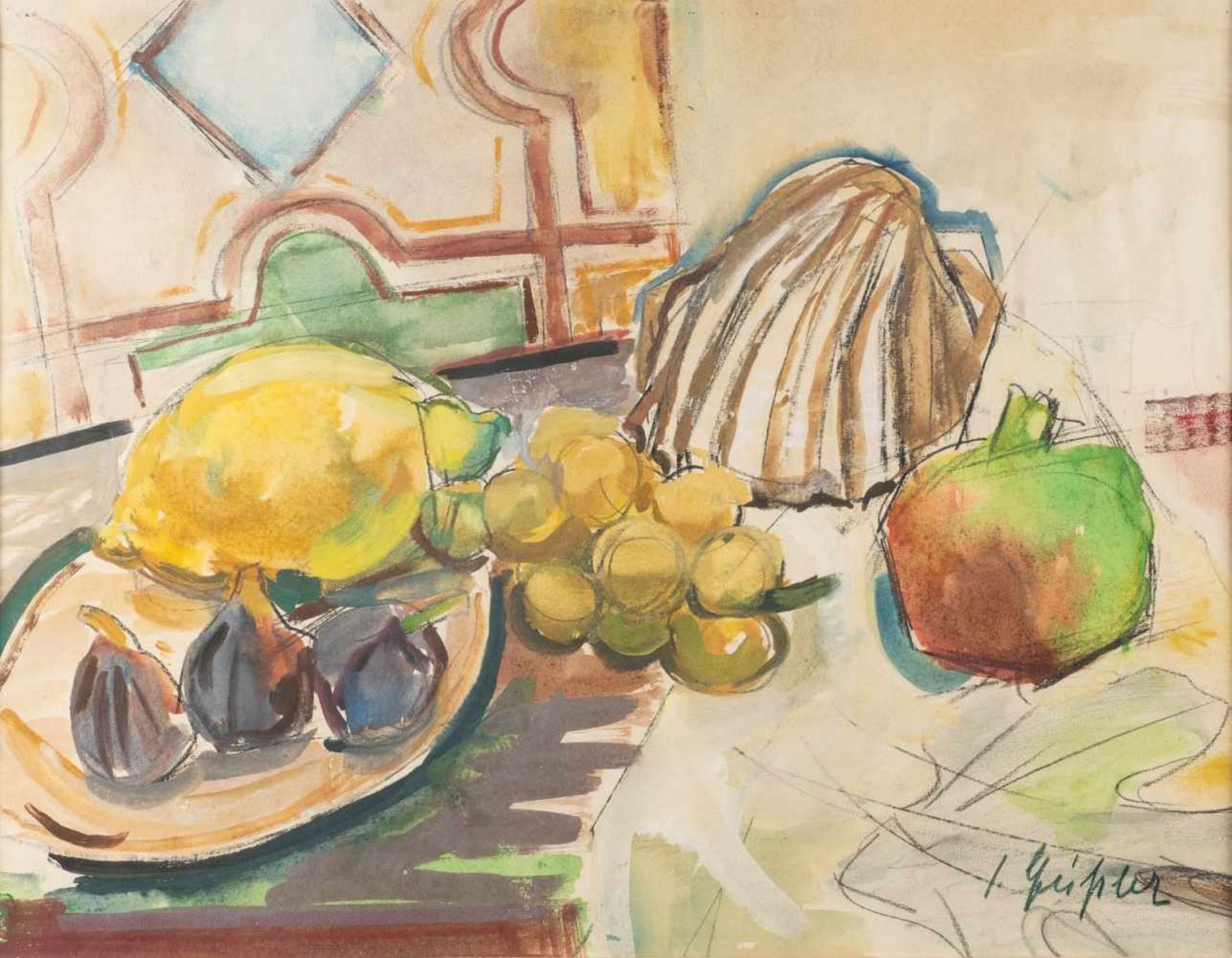 SENTA GEISSLER1902 Heidelberg - 2000 Ludwigshafen STILL LIFE WITH FRUITS AND A SHELL Mixed media (