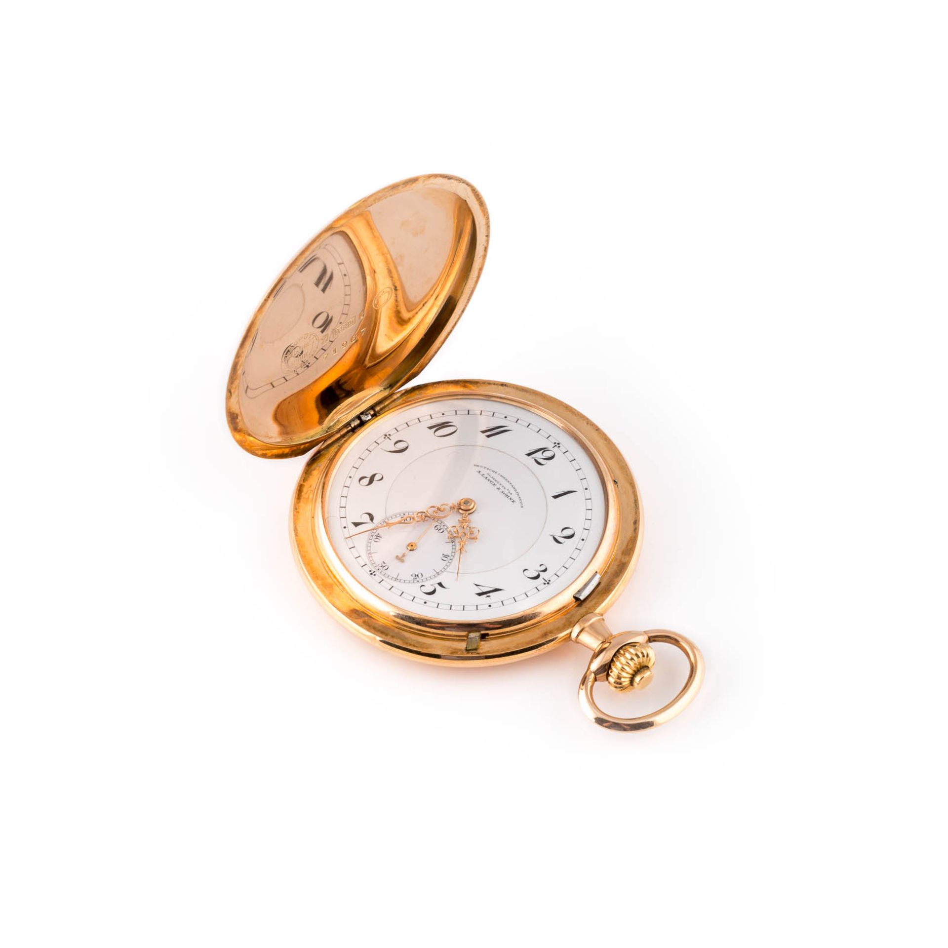 TASCHENUHR 'A. LANGE & SÖHNE' Deutsch, um 1920 Roségold. D. 5 cm, Ges.-Gew. ca. 82,5 g. Drei