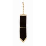 CHATELAINE Gelbgold, dunkler Samstoff. L. 13,8 cm, Ges.-Gew. ca. 5 g. Gest. 585.- - -25.00 % buyer's