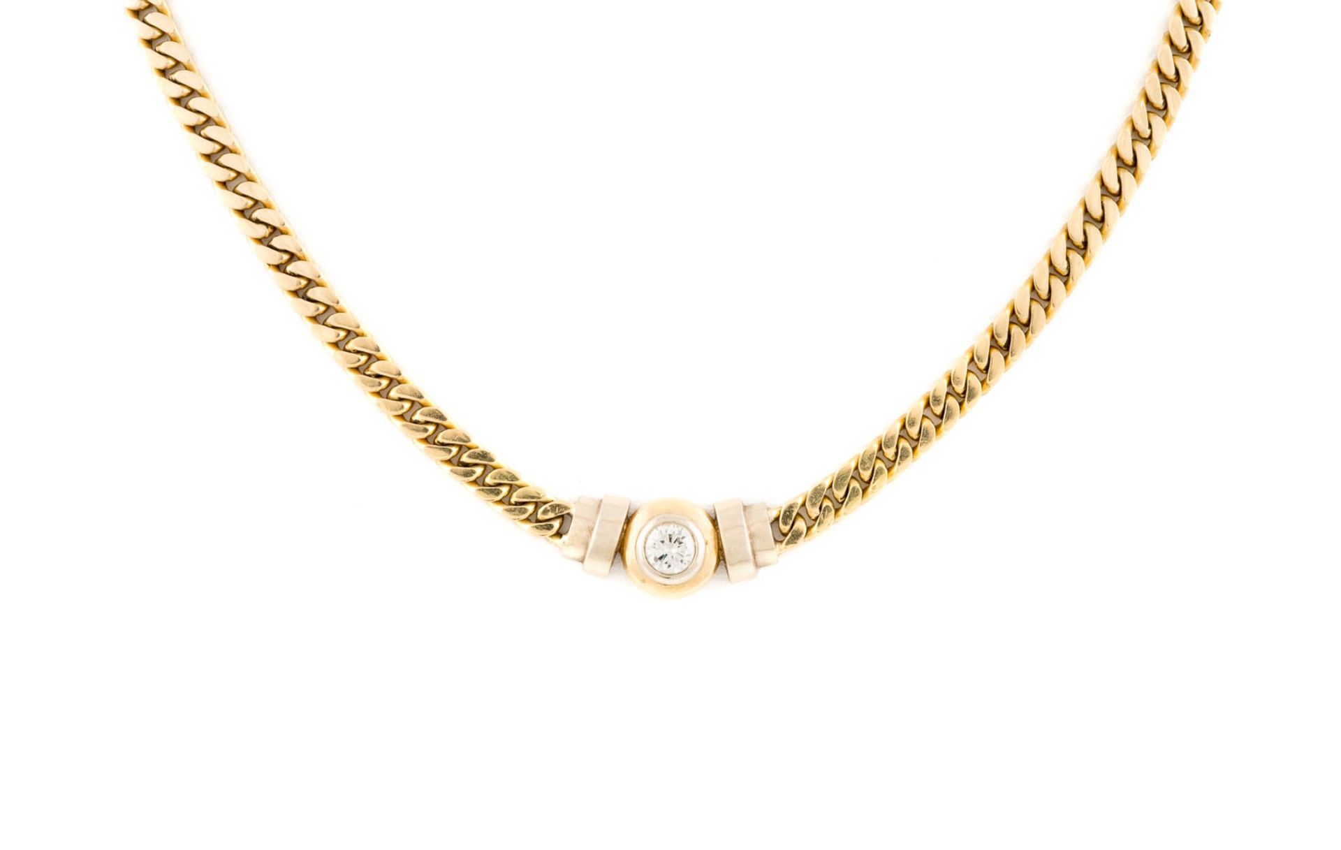 COLLIER MIT BRILLANT-SOLITAIRE Gelbgold. L. 43 cm, Ges.-Gew. ca. 34 g. Gest. 750. Panzerkette mit