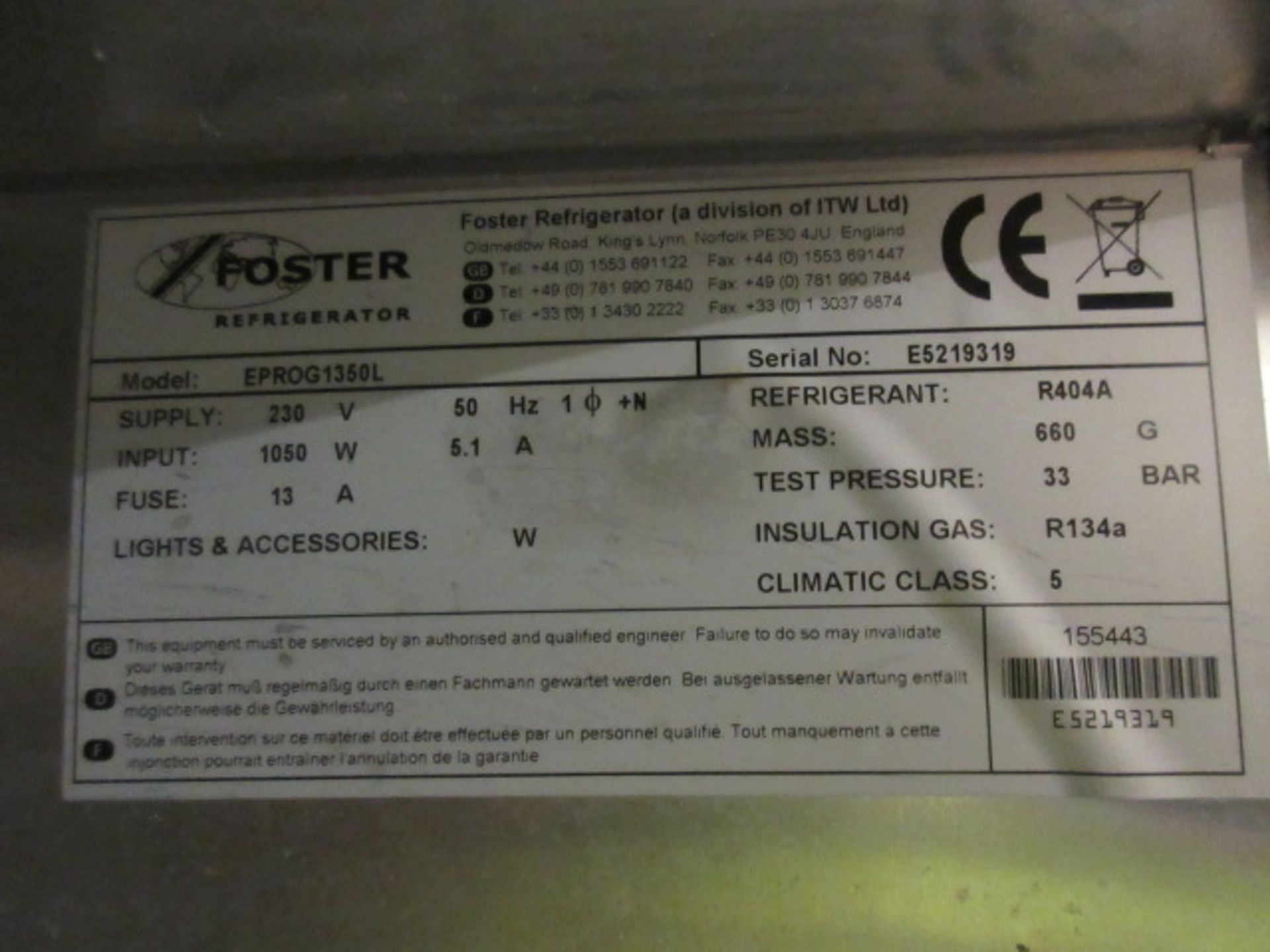 FOSTER EPROG1350L TWIN COMPARTMENT FREEZER, -18/-21 DEGREE CELSIUS, REFRIGERANT 404A. SN E5219319 - Image 3 of 4