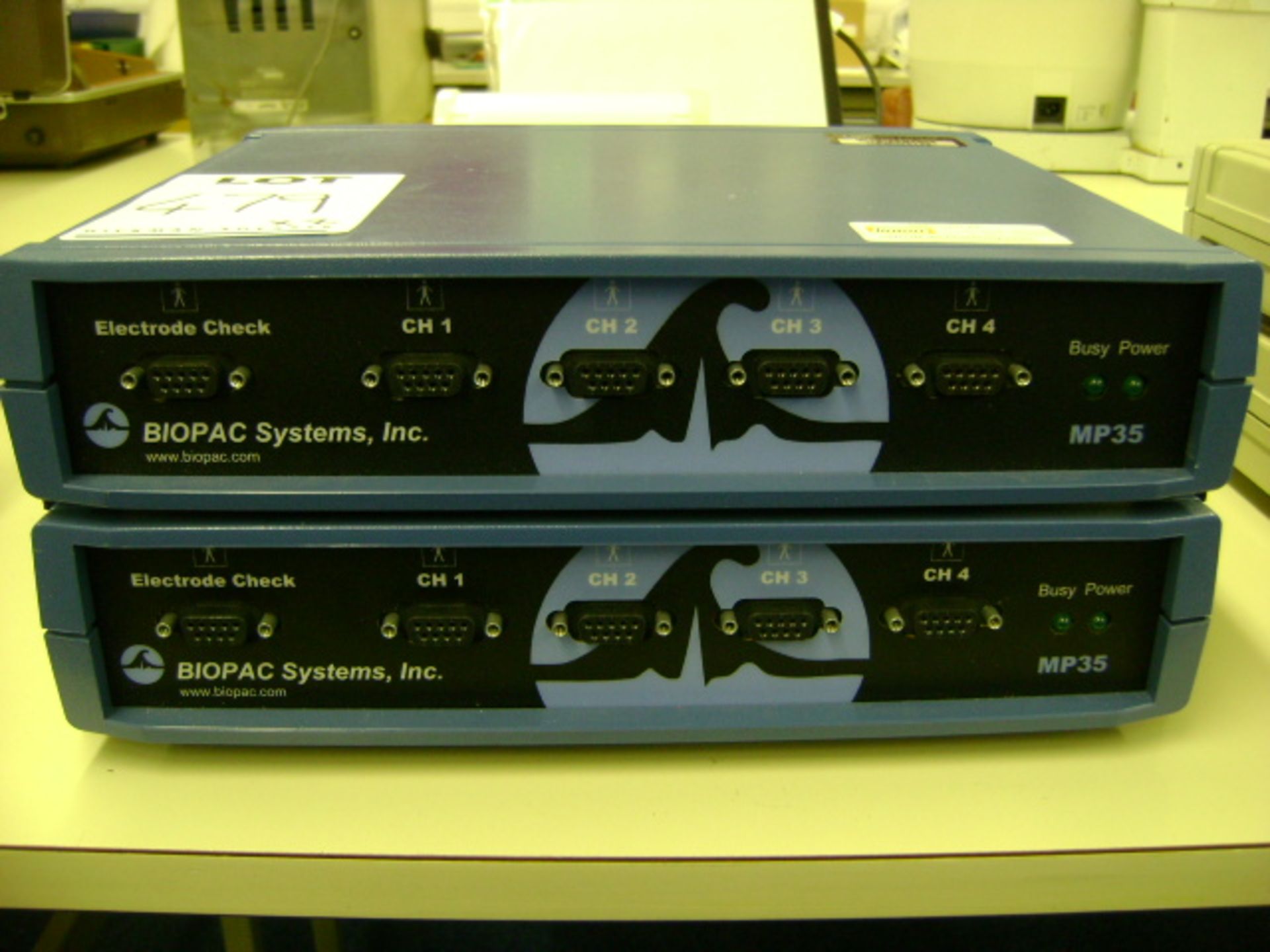 TWO BIOPAC SYSTEMS MP35 LOW VOLTAGE STIMULATORS 240V