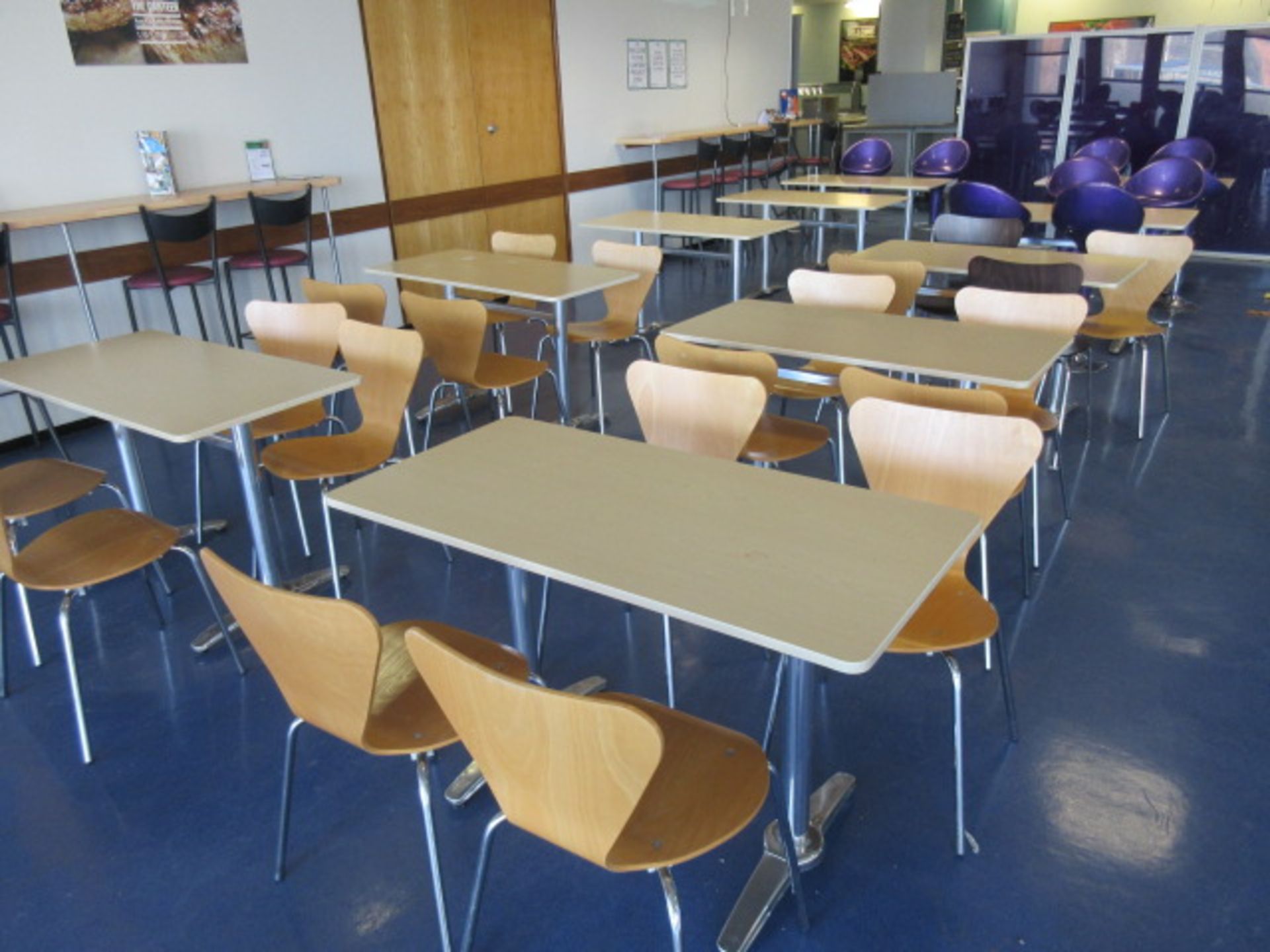 TEN CANTEEN TABLES 1200 X 600mm, 20 CHAIRS & 8 BAR CHAIRS