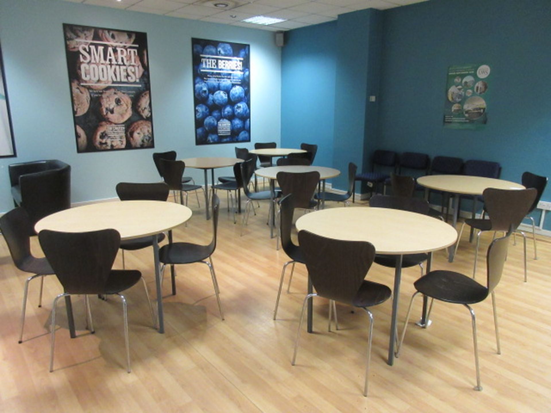 SIX lm DIA CANTEEN TABLES & 23 CHAIRS