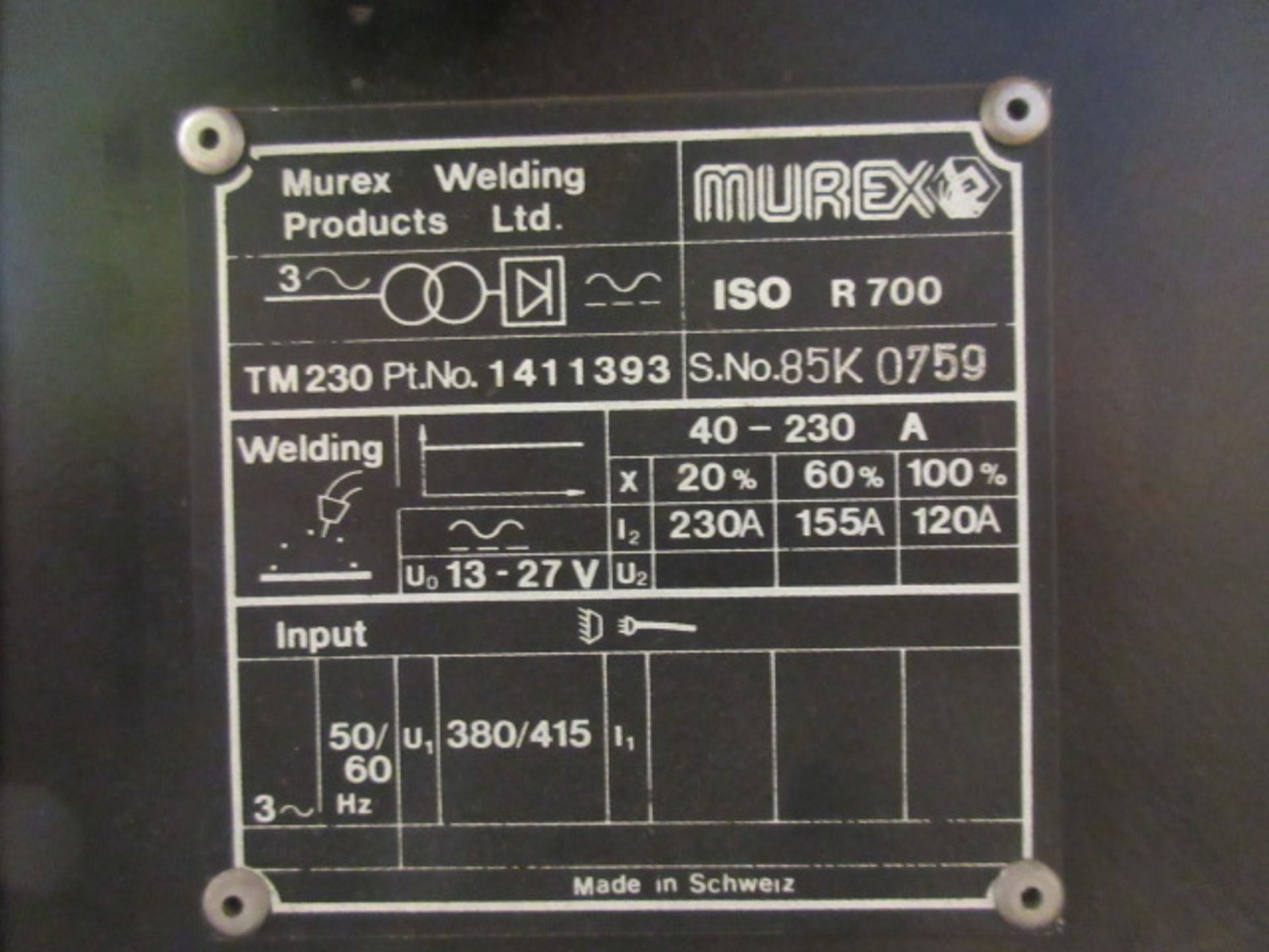 MUREX TRADESMIG 230 MIG WELDER 415 V. SN 85K 0759 - Bild 2 aus 3