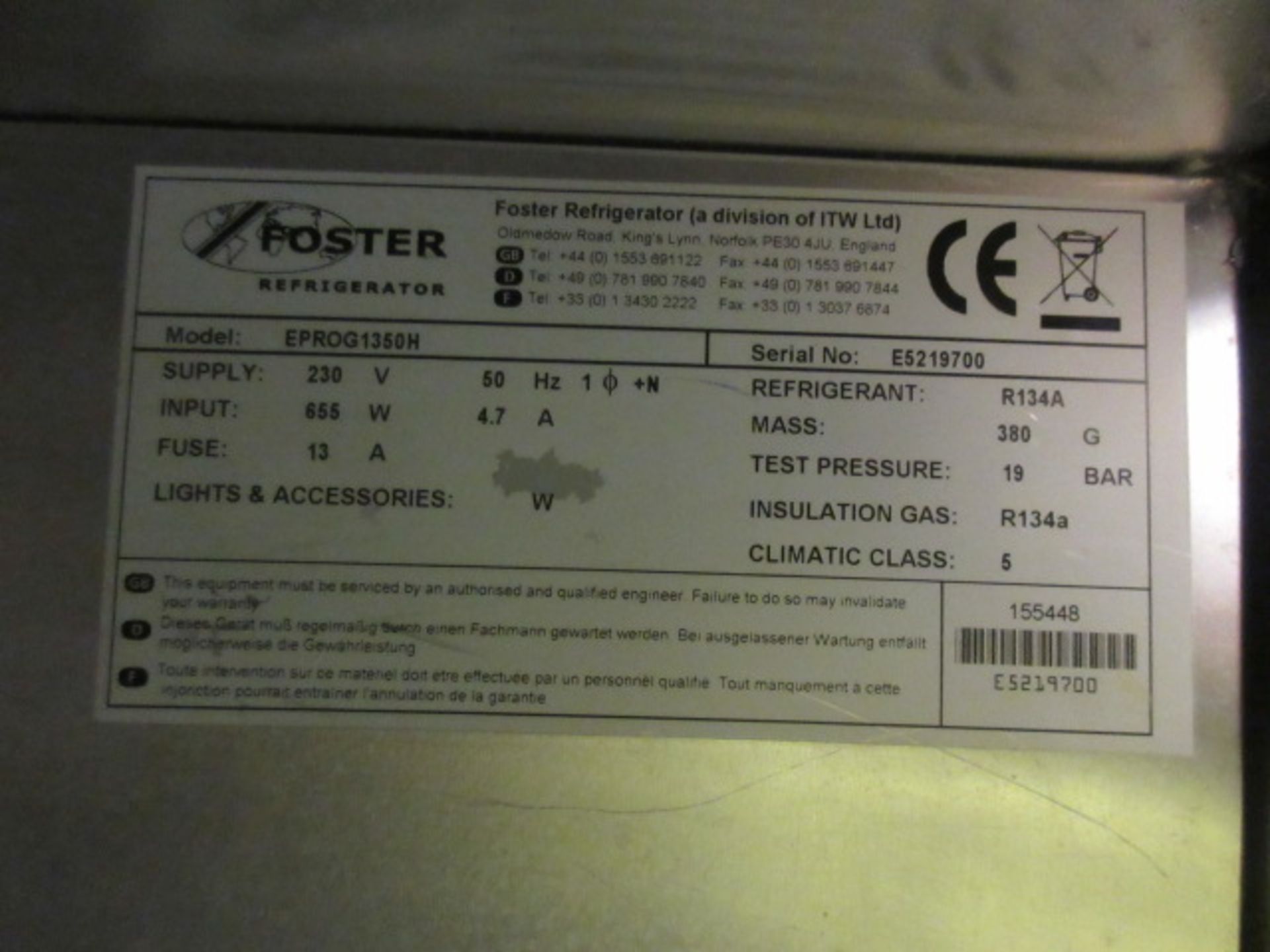 FOSTER EPROG135OH TWIN COMPARTMENT REFRIGERATOR, +1/+4 DEGREE CELSIUS, REFRIGERANT R134A. SN - Image 3 of 4
