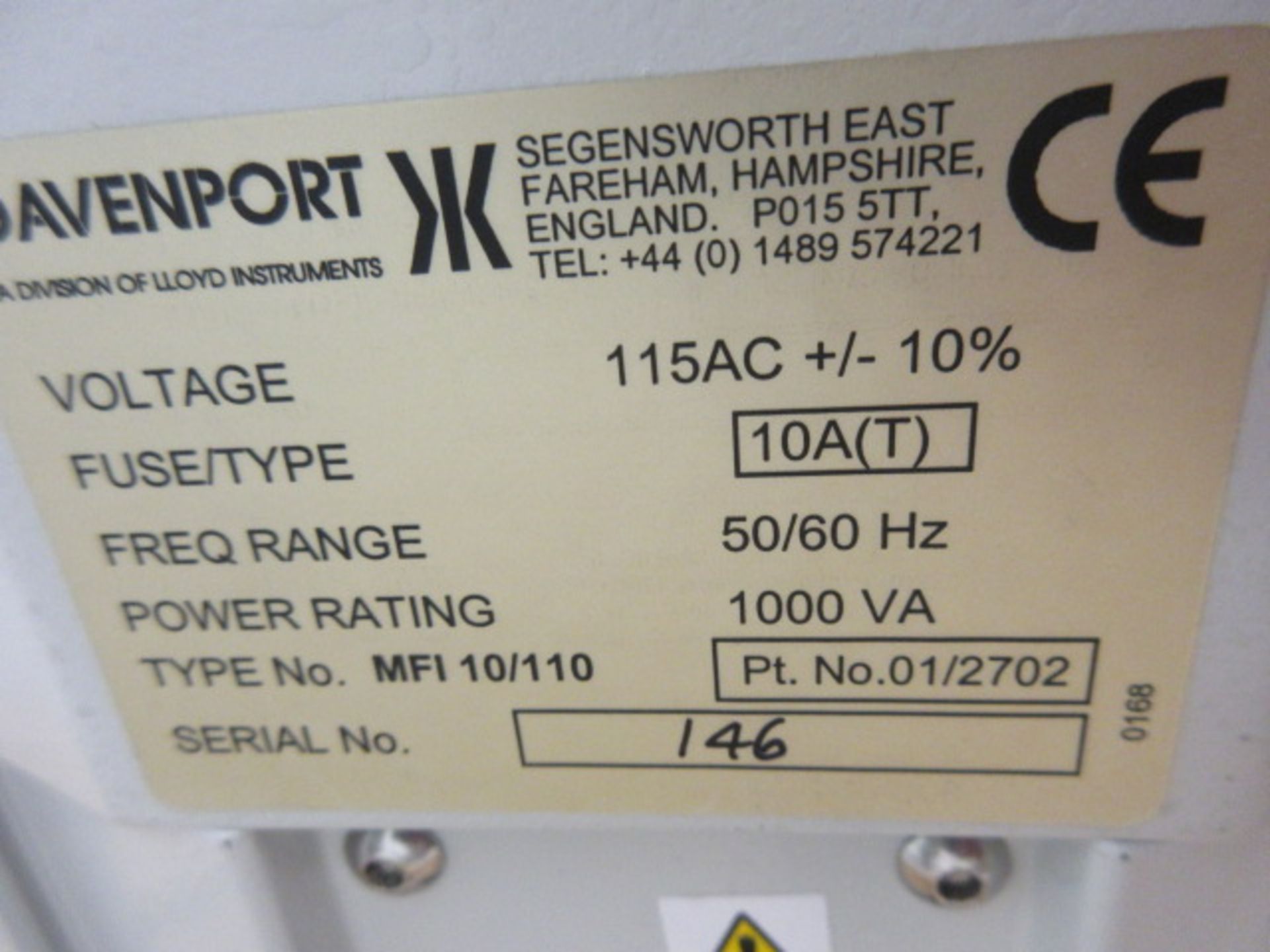 DAVENPORT MFI 10/110 POLYMER BENCH TESTER SN 146 - Image 2 of 3