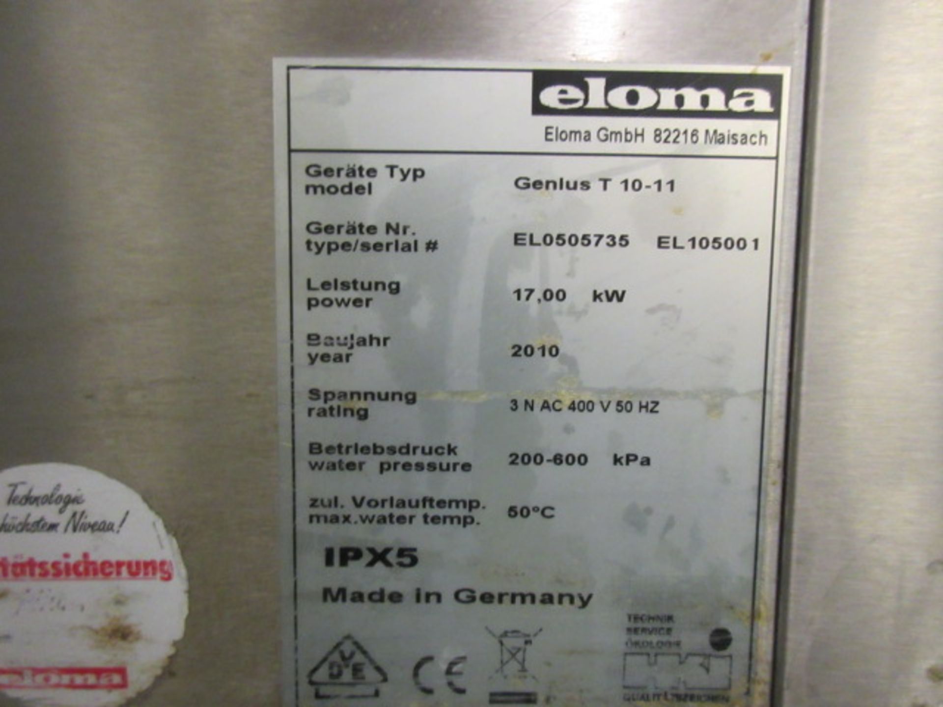 ELOMA GENIUS T 10-11 17 KW ELECTRIC STEAM OVEN ON MOBILE BASE (2010) - Image 4 of 5