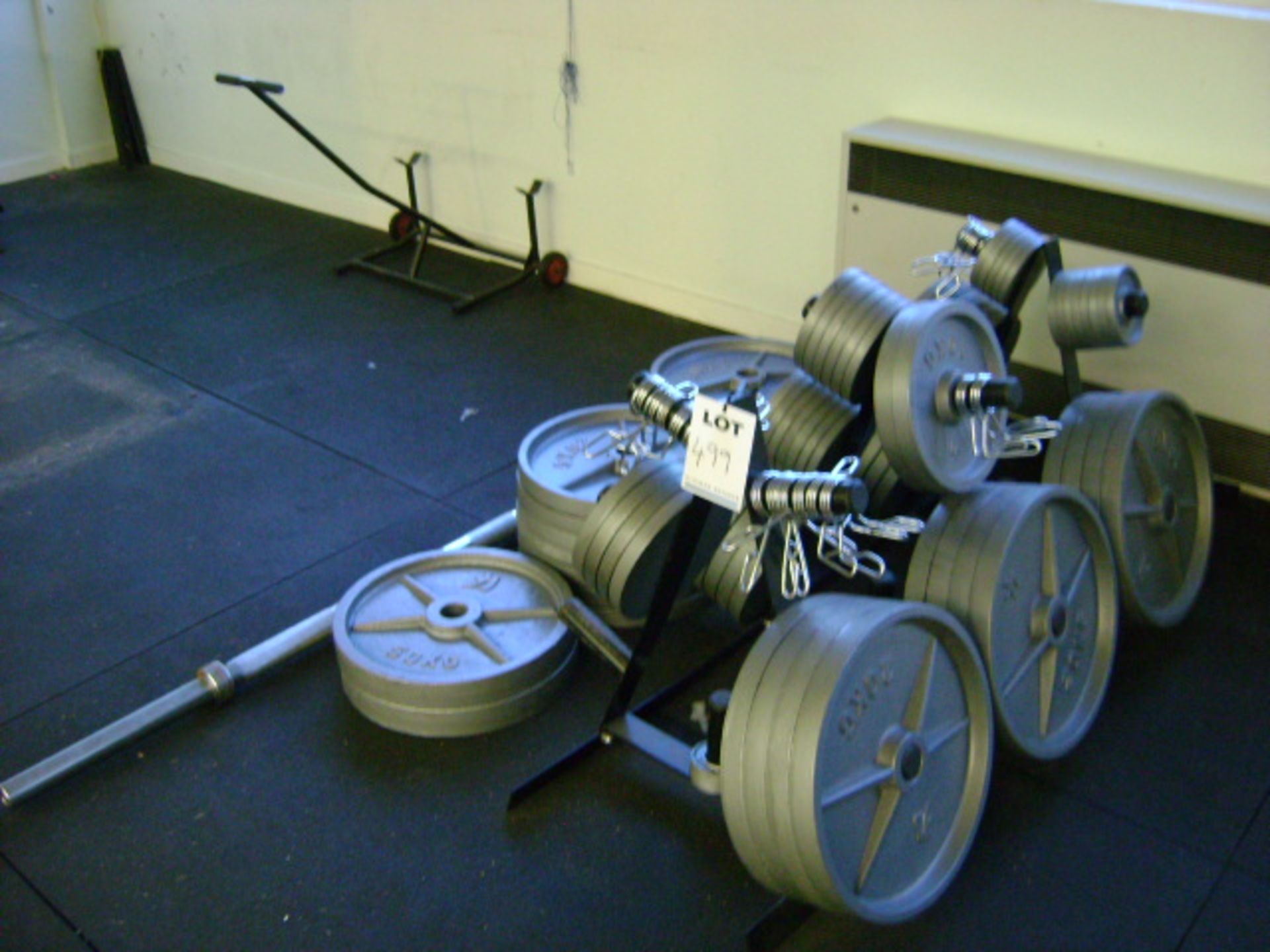 WEIGHTS SET ON STAND CONSISTING OF: STAND, 1 x LIFTING BAR, 2 x 50KGS, 26 x 20KGS, 10 x 10KGS, 13