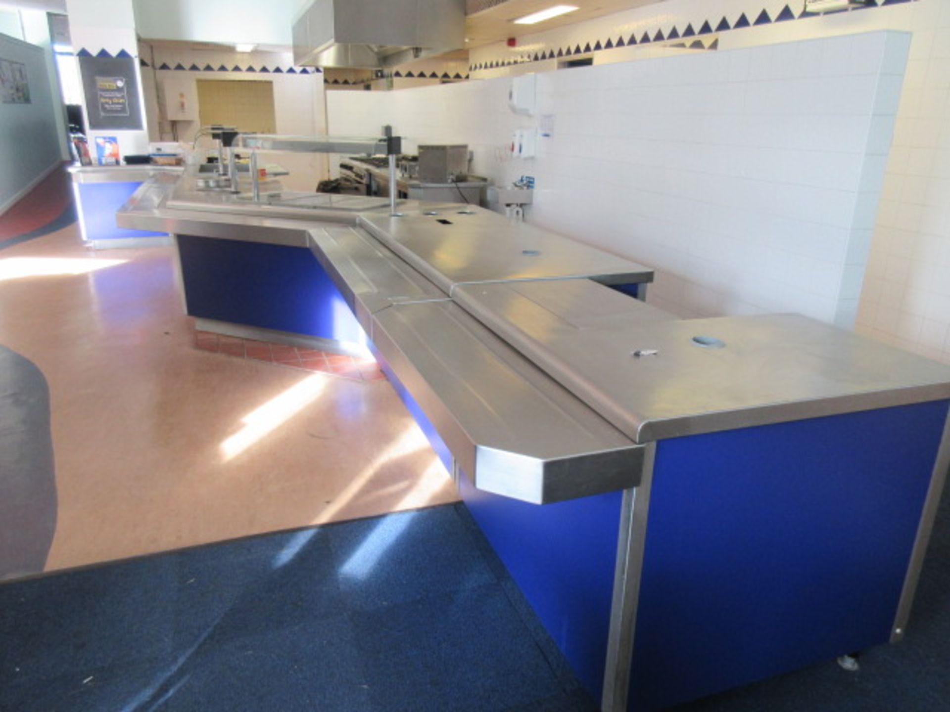 A SHAPED STAILESS STEEL BAIN MARIE WITH TRAY SHELF, HOT PLATE, SOUP POT. & REFRIGERATED UNITS