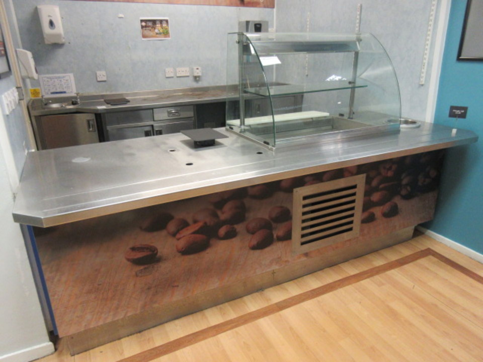 STAINLESS STEEL REFRIGERATED SERVING COUNTER AND DRINKS COUNTER WITH BUILT IN SINK AND WATER