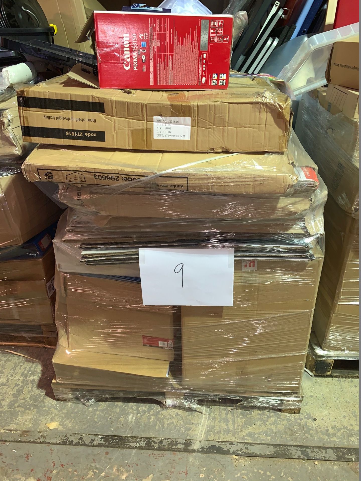 1 x Pallet of Mixed Stock/Stationery Including Utility Trolleys, Tower Fans, Bankers Boxes, Canon