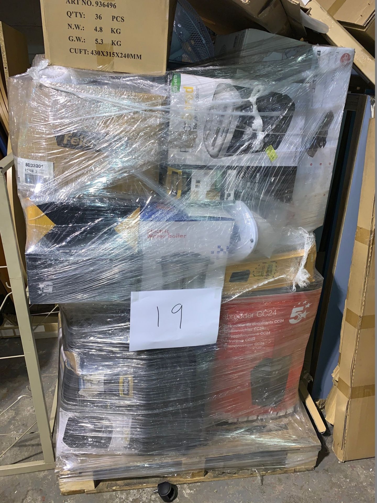 1 x Pallet of Mixed Electricals Including Shredders, Laminators, Water Boilers, Fans & Various Other