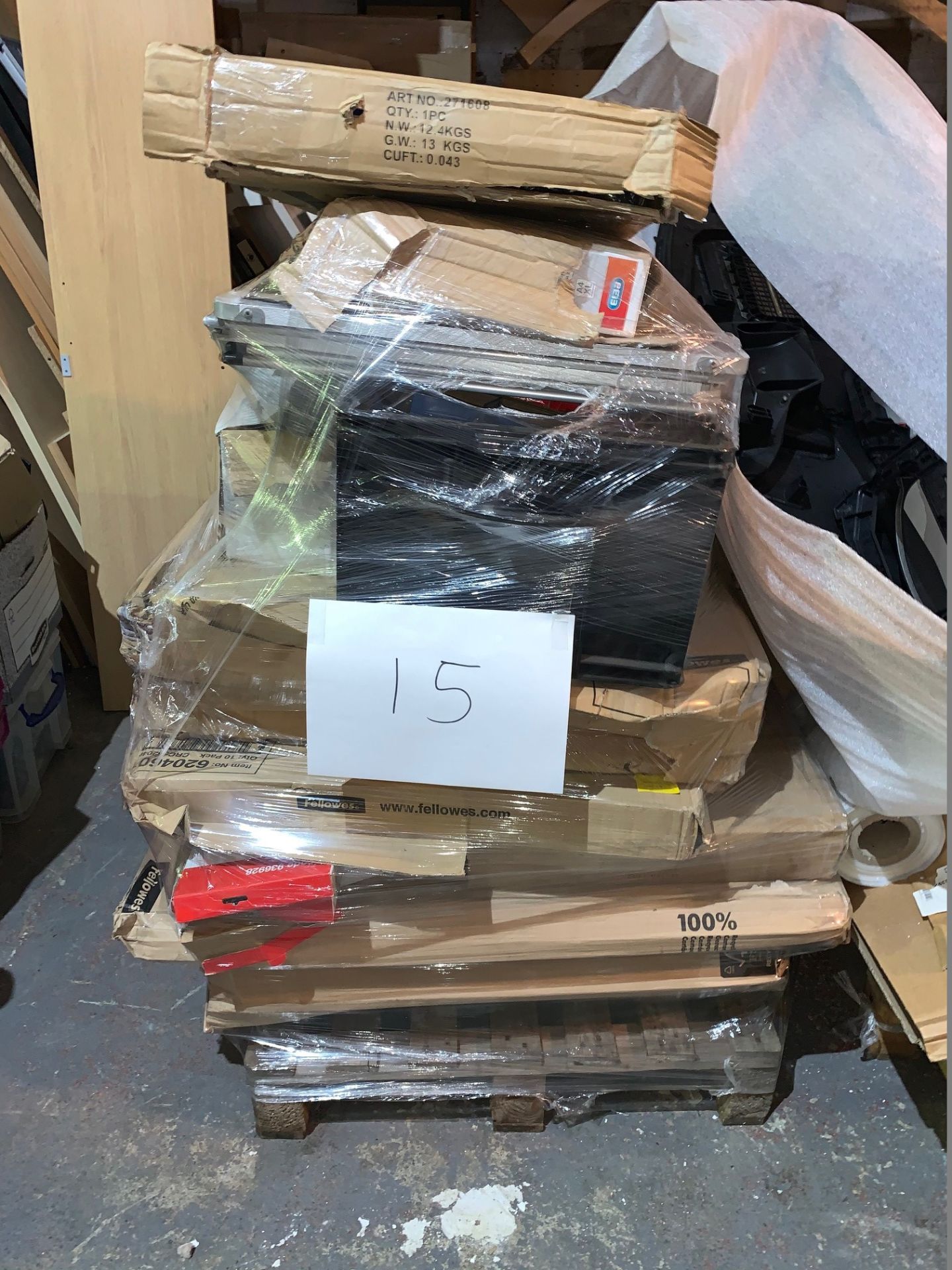 1 x Pallet of Mixed Stock/Stationery Including Utility Trolley, Nobo Boards, Bike Accessories,