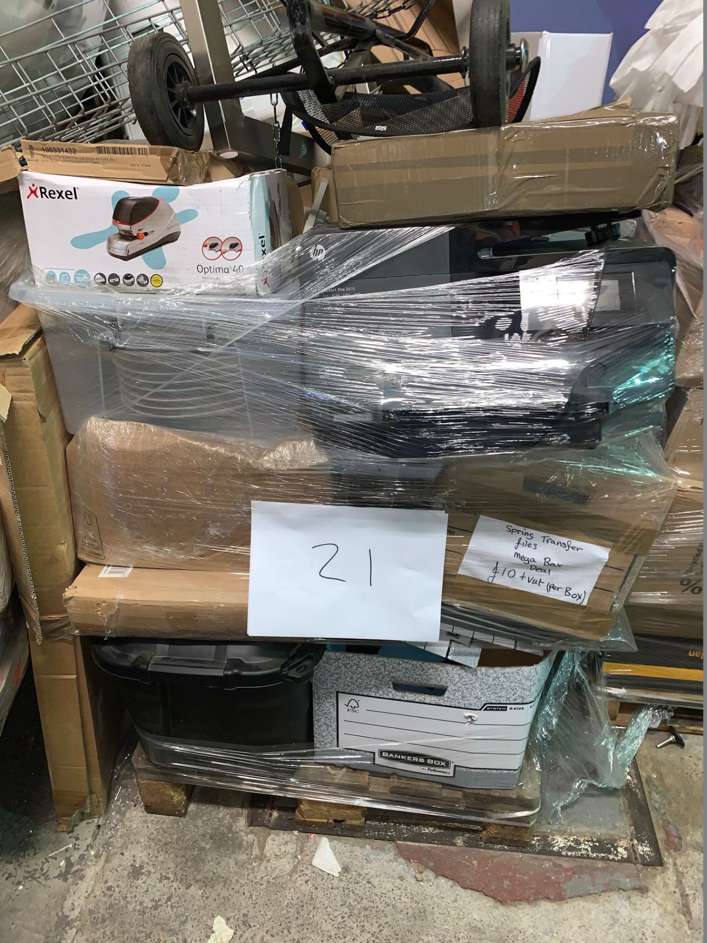 1 x Pallet of Mixed Stock/Stationery Including HP Printer, Electric Stapler, Spring Files, Plastic