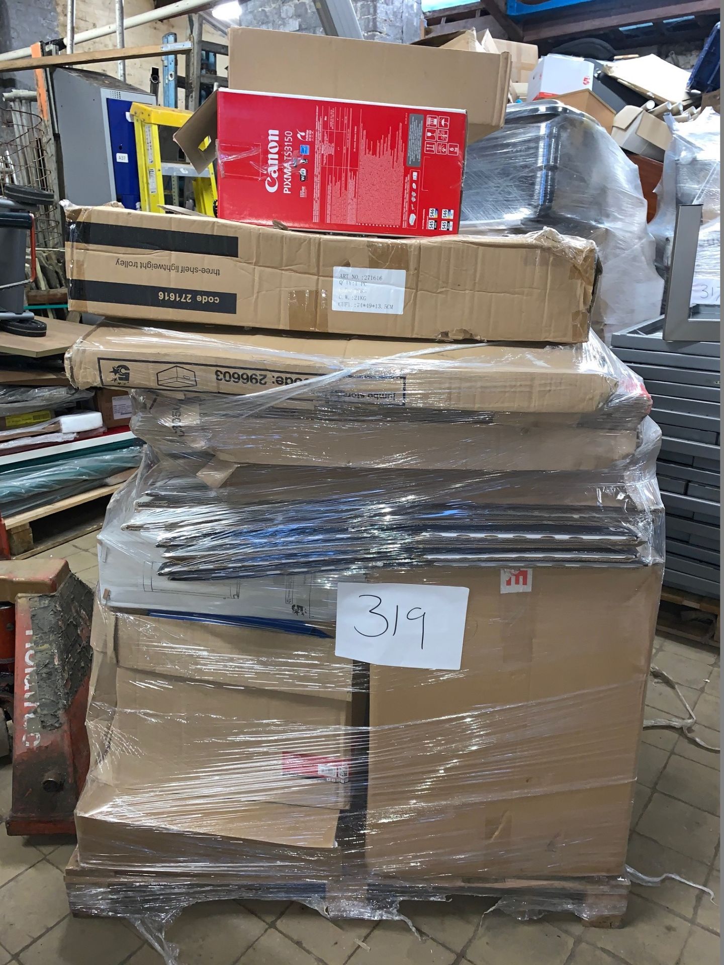 1 x Pallet of Mixed Stock/Stationery Including Utility Trolleys, Tower Fans, Bankers Boxes, Canon