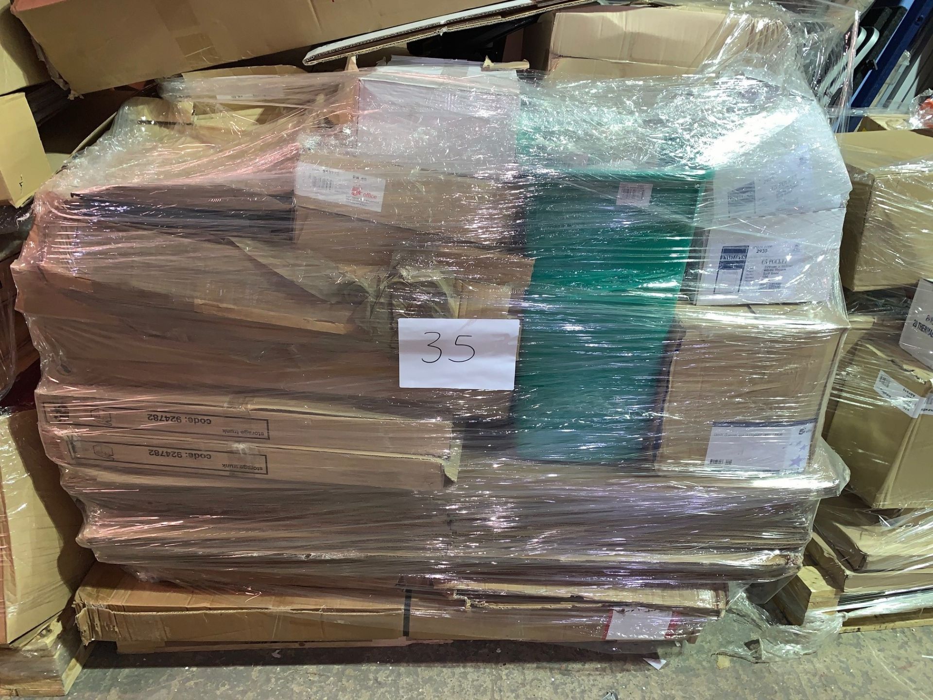 1 x Pallet of Mixed Stock/Stationery Including Whiteboards, Noticeboards, Bankers Boxes,