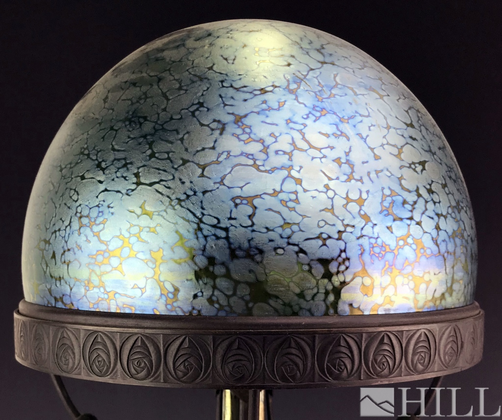 Loetz Green Iridescent Art Glass Bronze Dome Lamp - Image 3 of 3