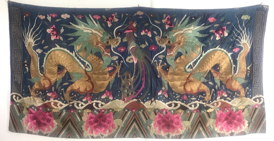 Antique Chinese Embroidered Silk Dragon Tapestry - Image 4 of 12