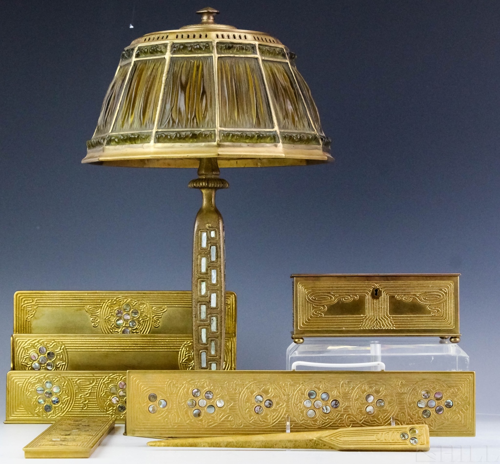 Tiffany Studios Abalone Gold Gilt Bronze Desk Set