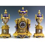 19C French Enamel, Dore Bronze Clock Garniture Set