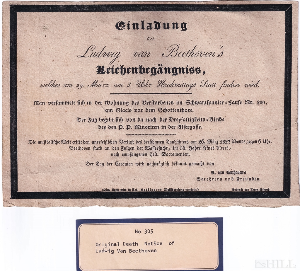 Ludwig Van Beethoven 19th C. Composer Death Notice