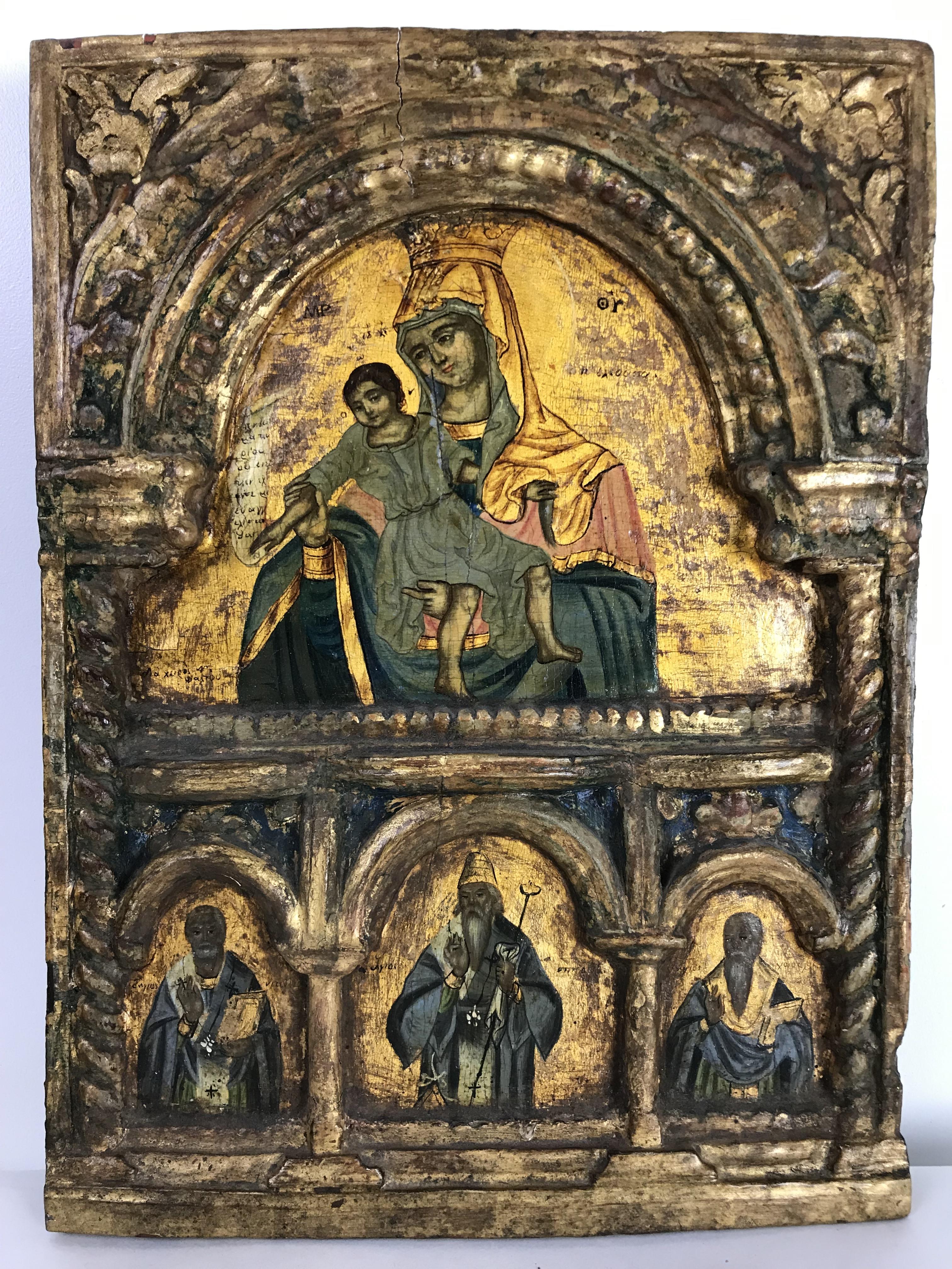 18th Cen. Greek School Madonna Child & Saints Icon - Image 4 of 14