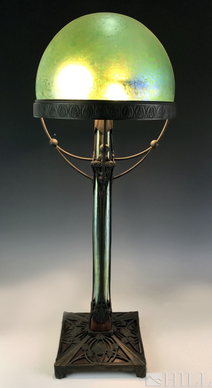 Loetz Green Iridescent Art Glass Bronze Dome Lamp