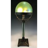Loetz Green Iridescent Art Glass Bronze Dome Lamp