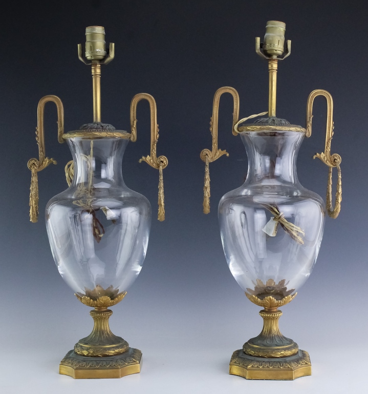 Pair Antique Dore Bronze Mounted Crystal Lamps