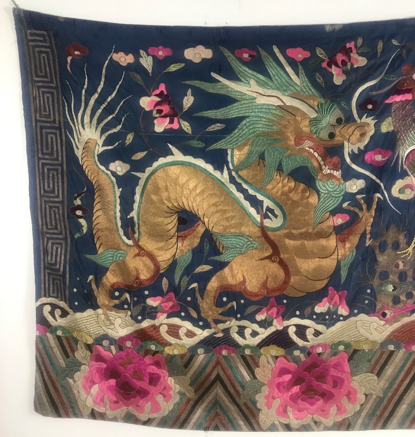 Antique Chinese Embroidered Silk Dragon Tapestry - Image 5 of 12