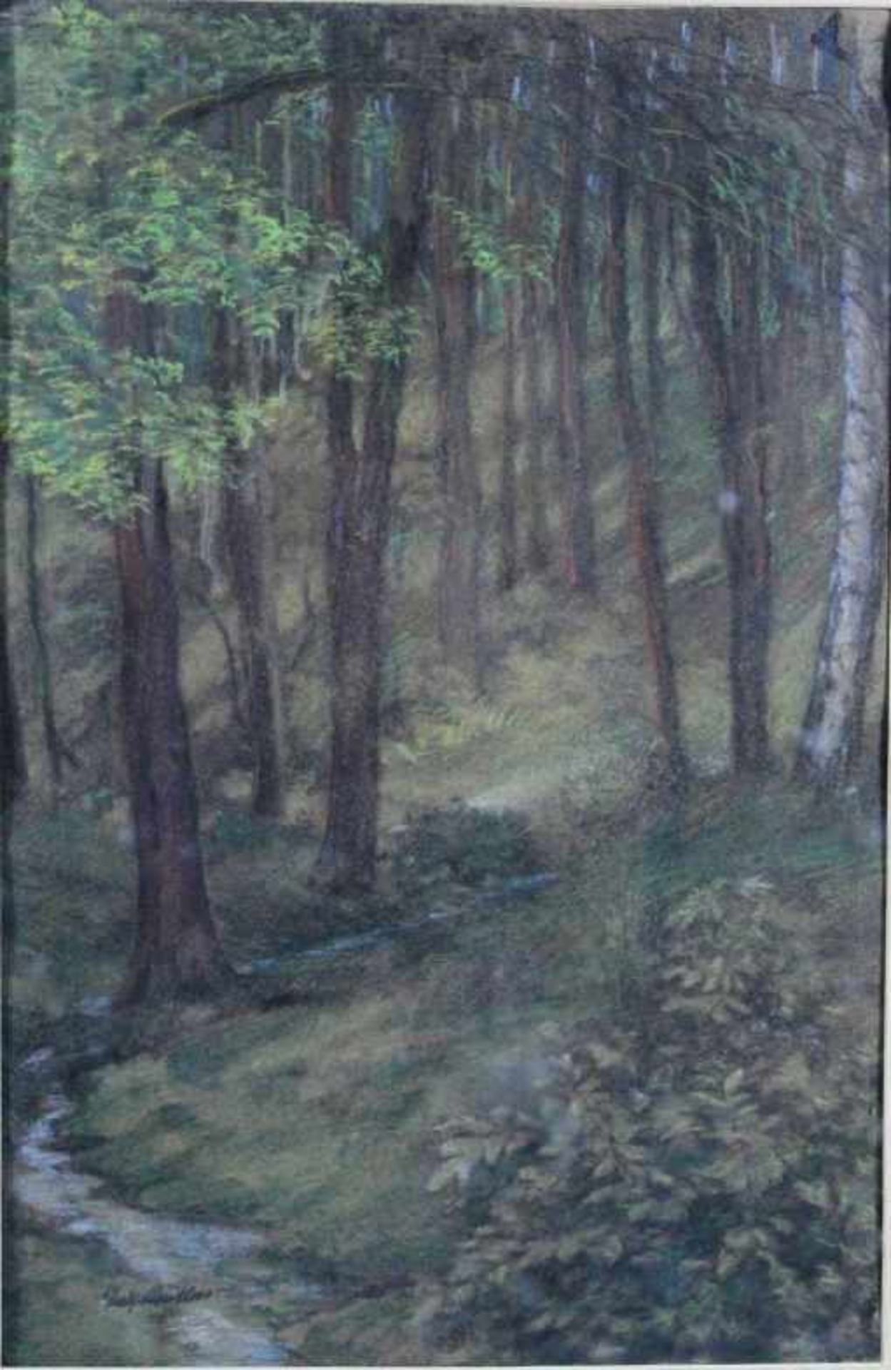 1 Pastell gerahmt "Wald mit Bachlauf", links unten signiert Rudi Müllers (1895-1972), Passpartout