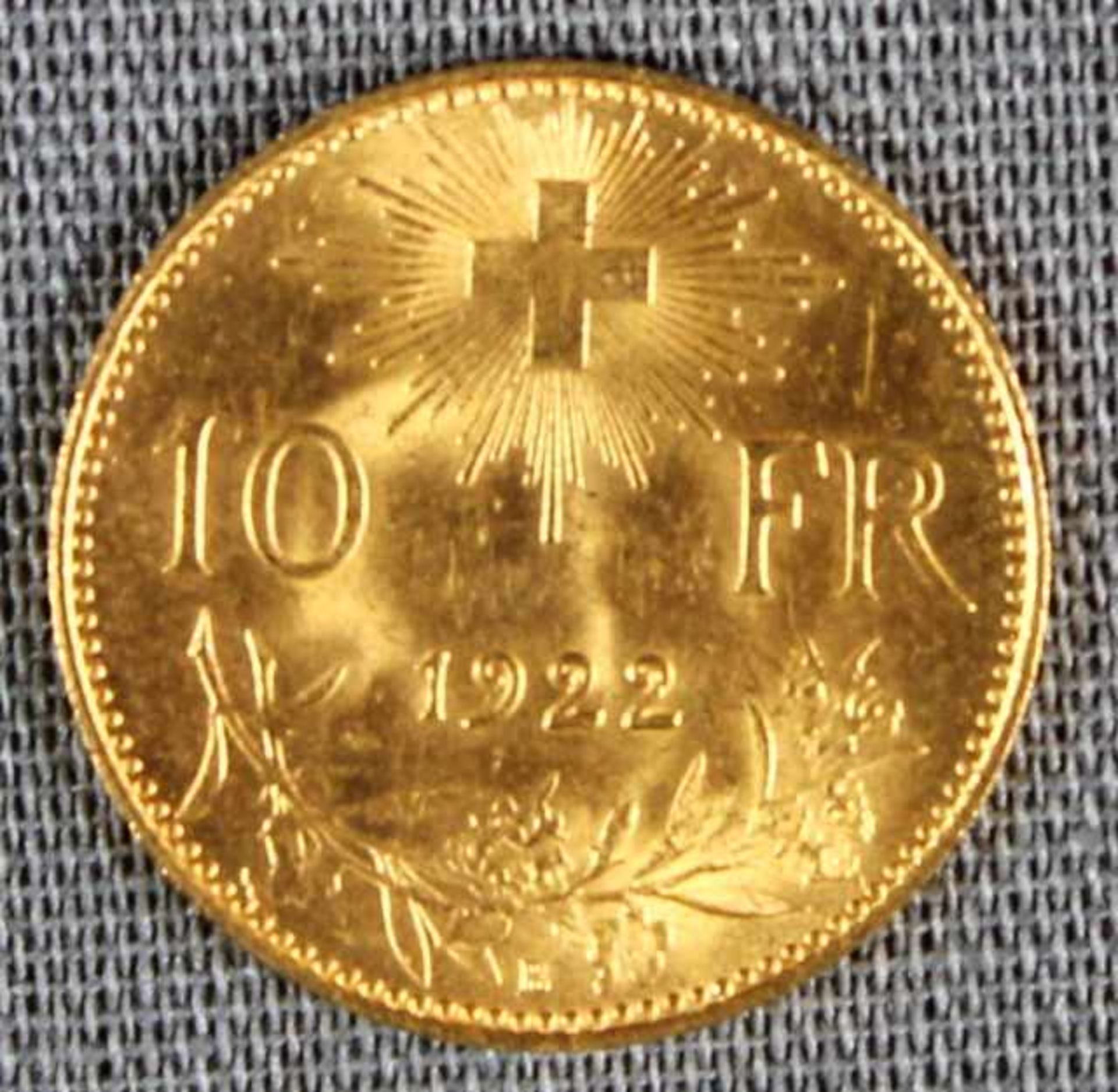 1 kleine Goldmünze (900/000) "10 Francs/Vreneli 1922", 3,22g, Feingewicht 2,90g, D 19mm, sehr schöne - Bild 2 aus 2