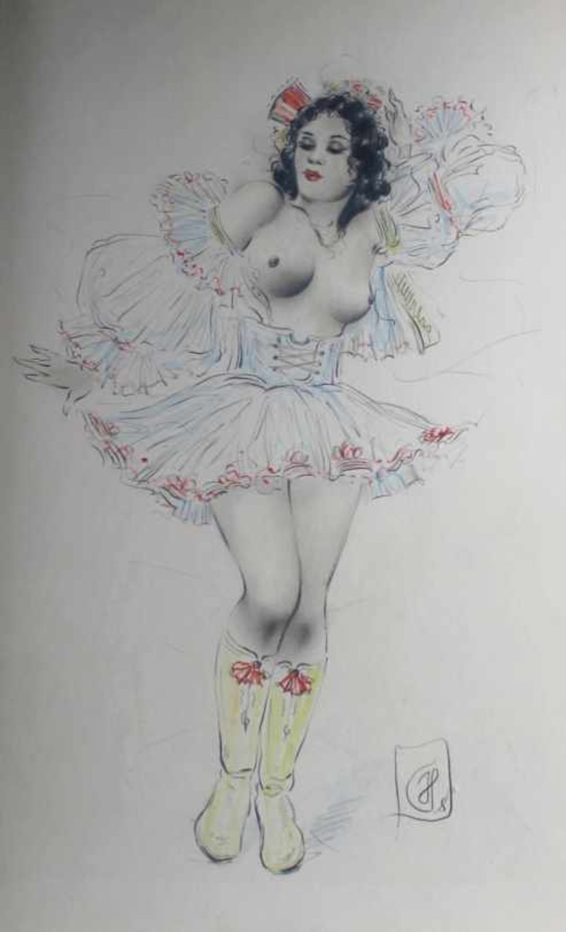 1 Zeichnung, teilweise coloriert "erotische Tänzerin", rechts unten monogrammiert, ca. 38,5cm x 32,