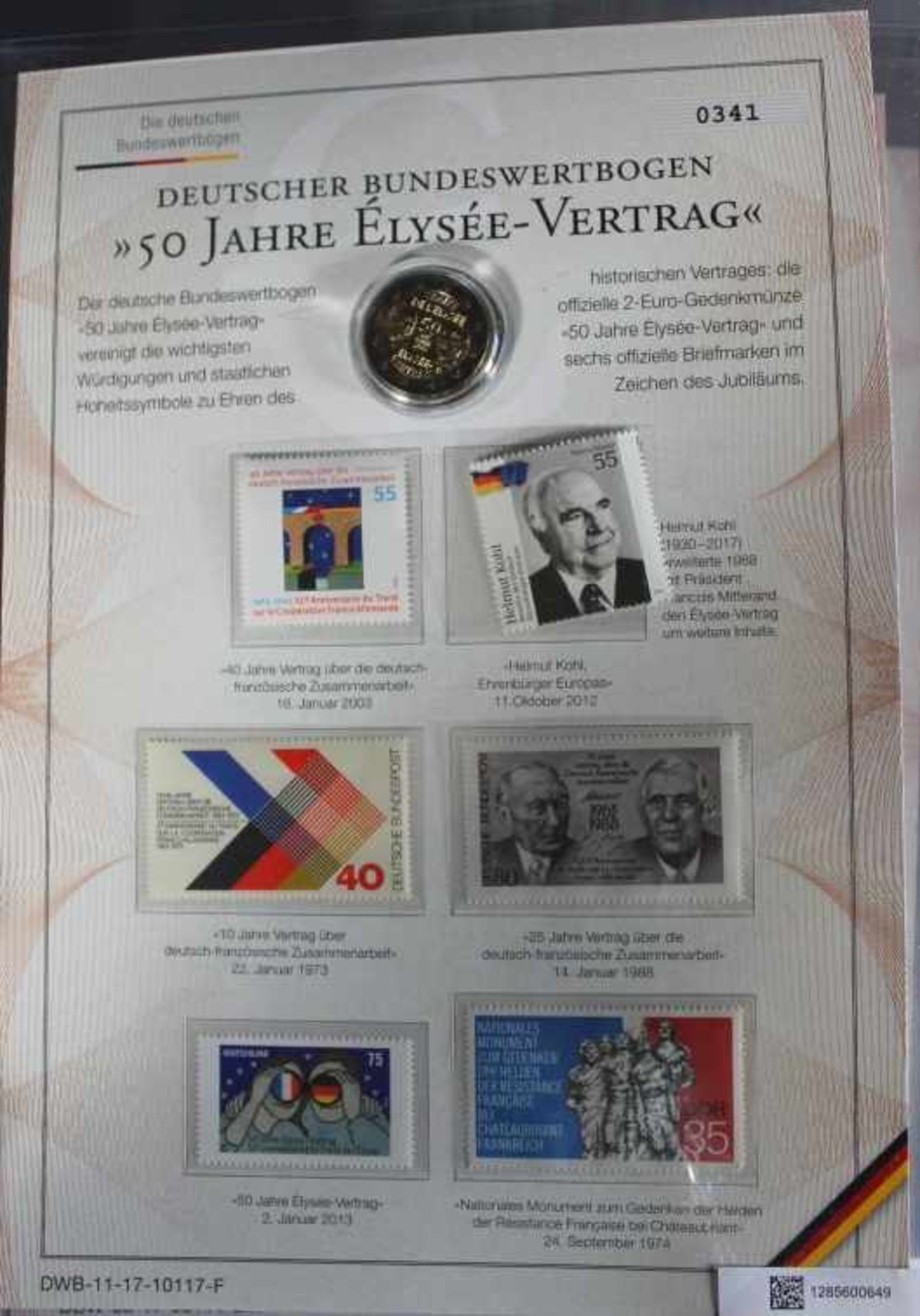 1 Ordner mit 16 "Deutscher Bundeswertbogen" mit jeweils ein 2-Eurostück und Briefmarken, Schleswig