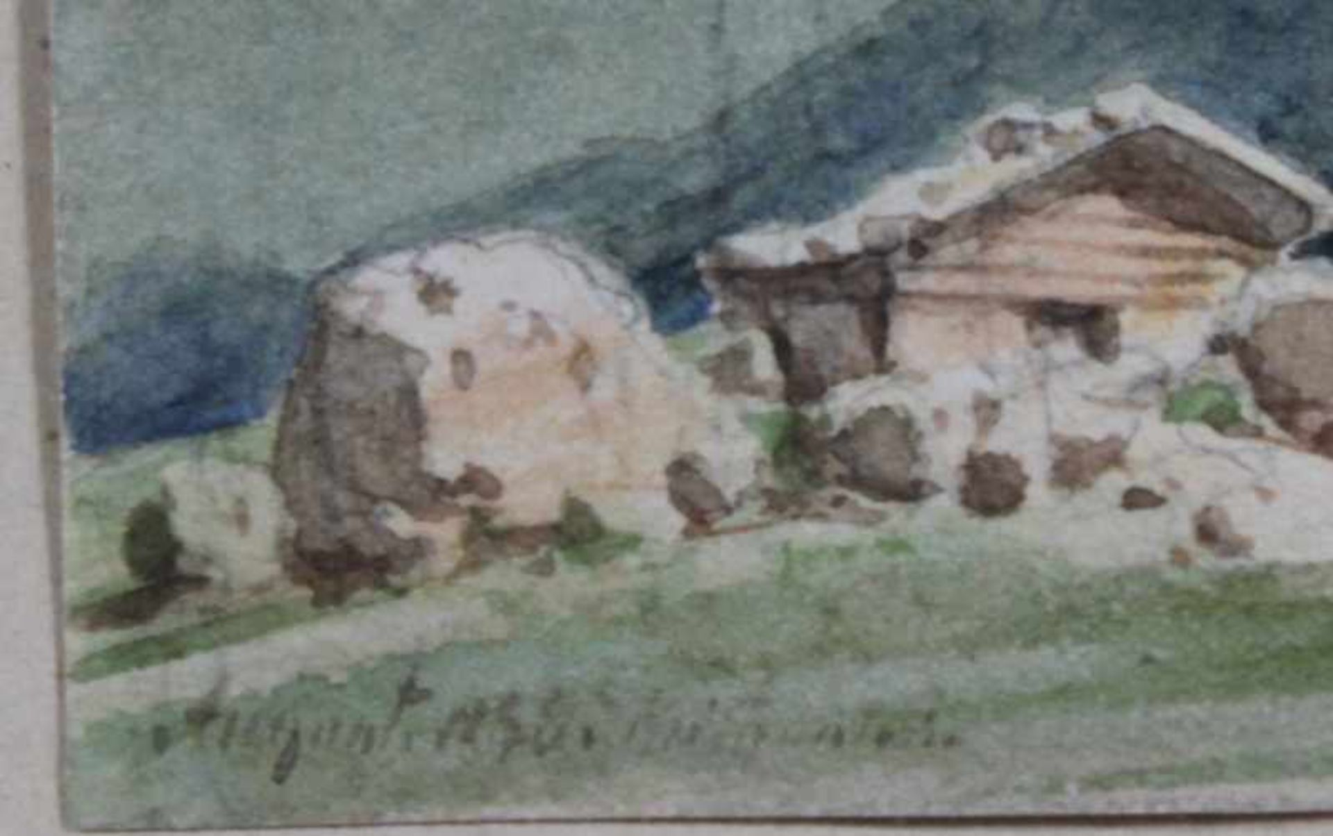 1 kleines Aquarell "Berglandschaft mit Berghütte", links unten unleserlich signiert, da verblasst, - Bild 2 aus 2