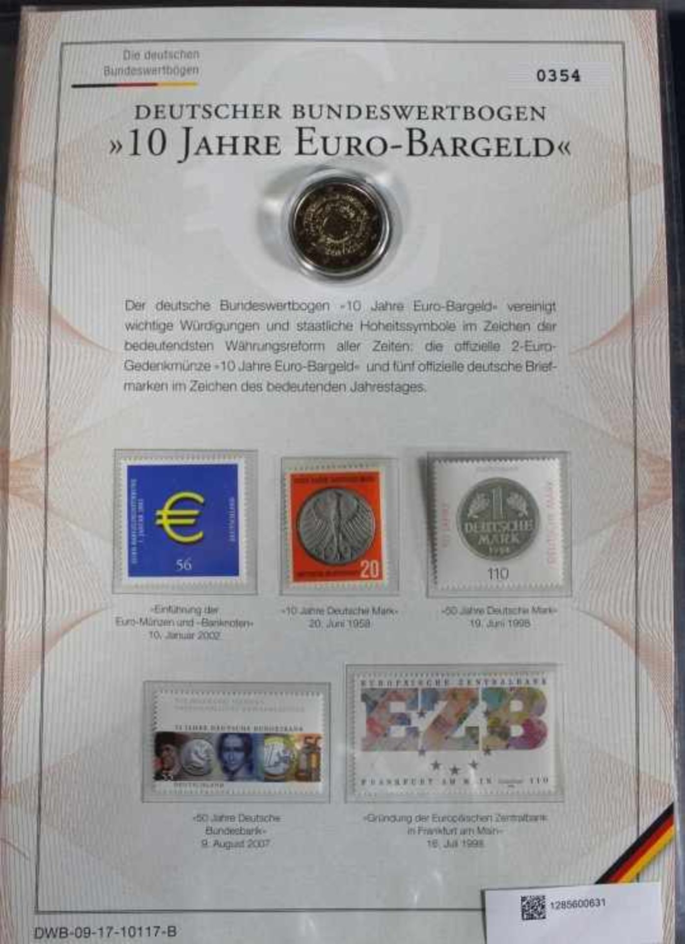 1 Ordner mit 16 "Deutscher Bundeswertbogen" mit jeweils ein 2-Eurostück und Briefmarken, Schleswig - Bild 2 aus 2