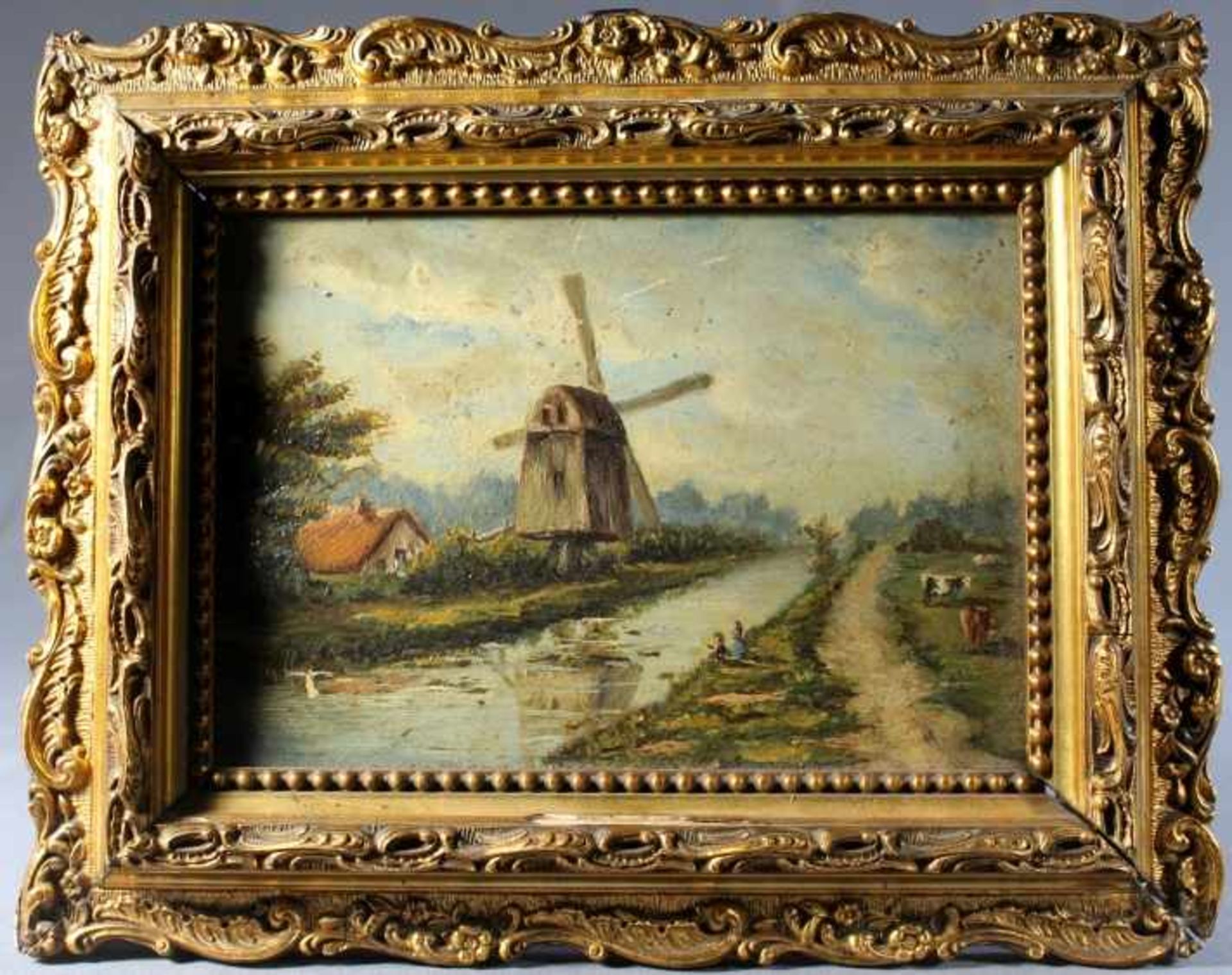 1 kleines Ölbild auf Holz in sehr schöner Holzleiste "holländische Landschaft", Julius Kornbeck (