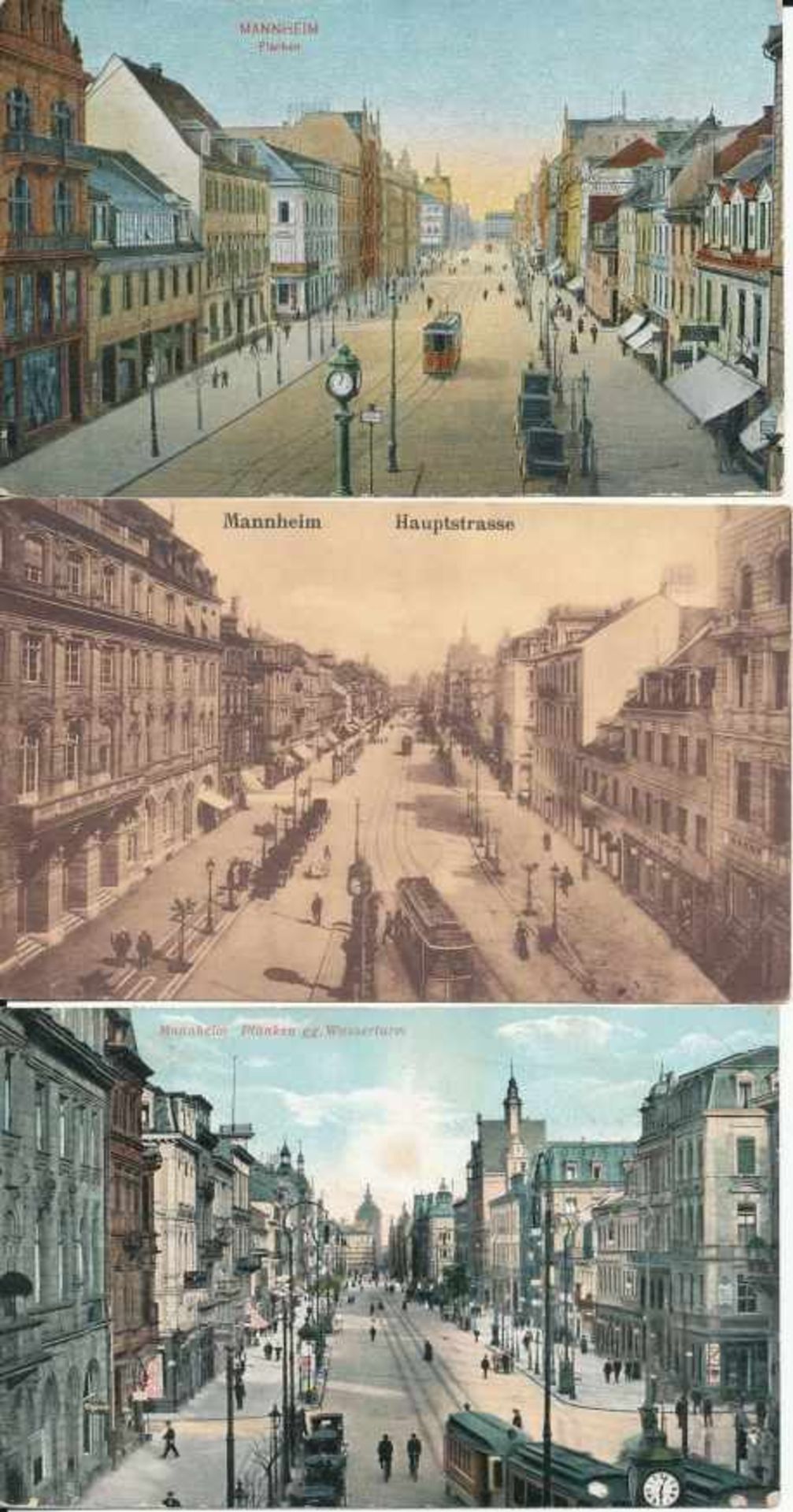 3 Postkarten, kleines Format, col. und s/w, Mannheim - Hauptstraße, Planken, Automobil, Straßenbahn,