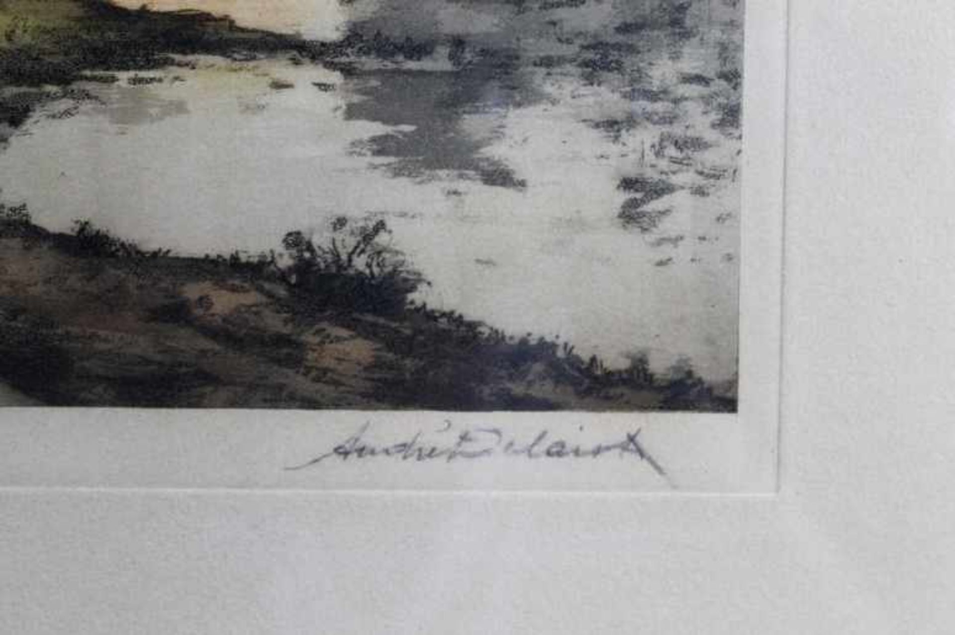 2 Aquatintas gerahmt "Landschaft mit Wasserlauf", signiert André Delaistre (1865-?), um 1922, ca. - Image 2 of 4
