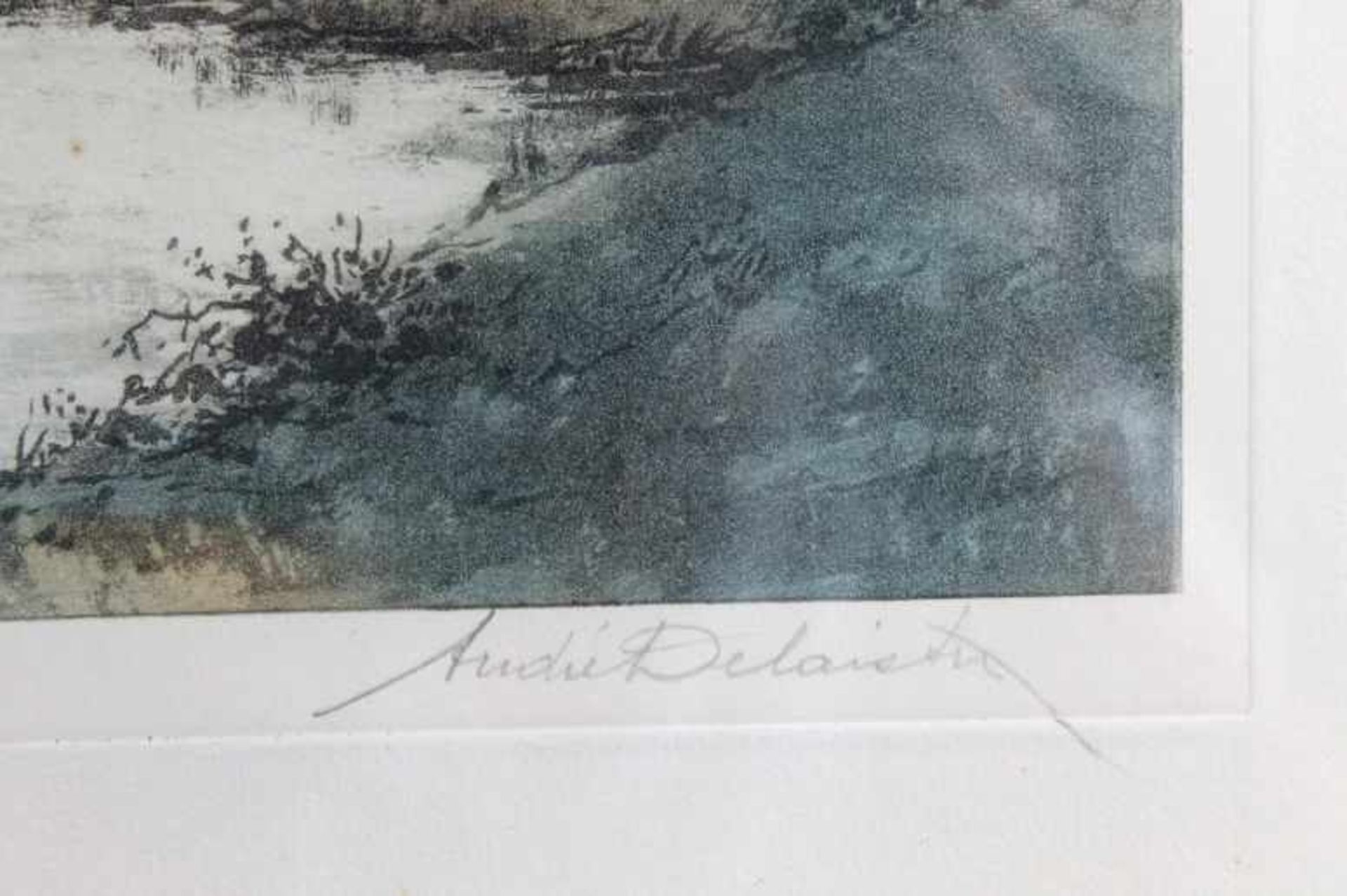 2 Aquatintas gerahmt "Landschaft mit Wasserlauf", signiert André Delaistre (1865-?), um 1922, ca. - Image 4 of 4