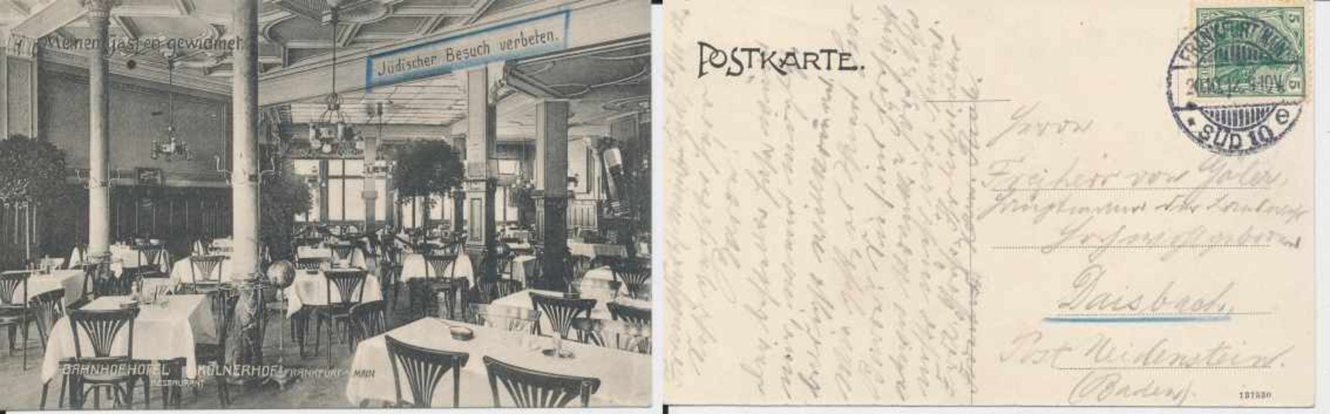 1 Postkarte, s/w Foto, kleines Format, Bahnhofhotel und Restaurant "Kölnerhof" in Frankfurt a. Main,