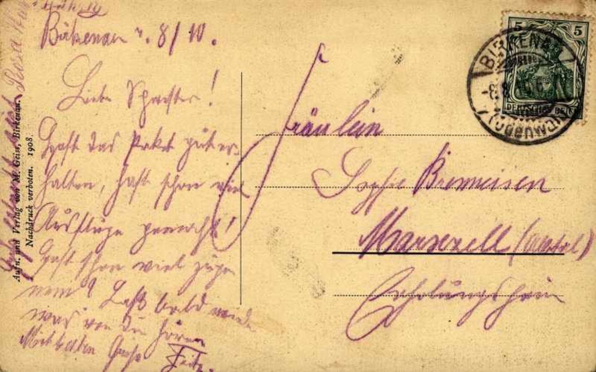 1 Postkarte, kleines Format, s/w, Birkenau i. O., mit Bm und Abgangsstempel 1910, unfrisch, - Bild 2 aus 2