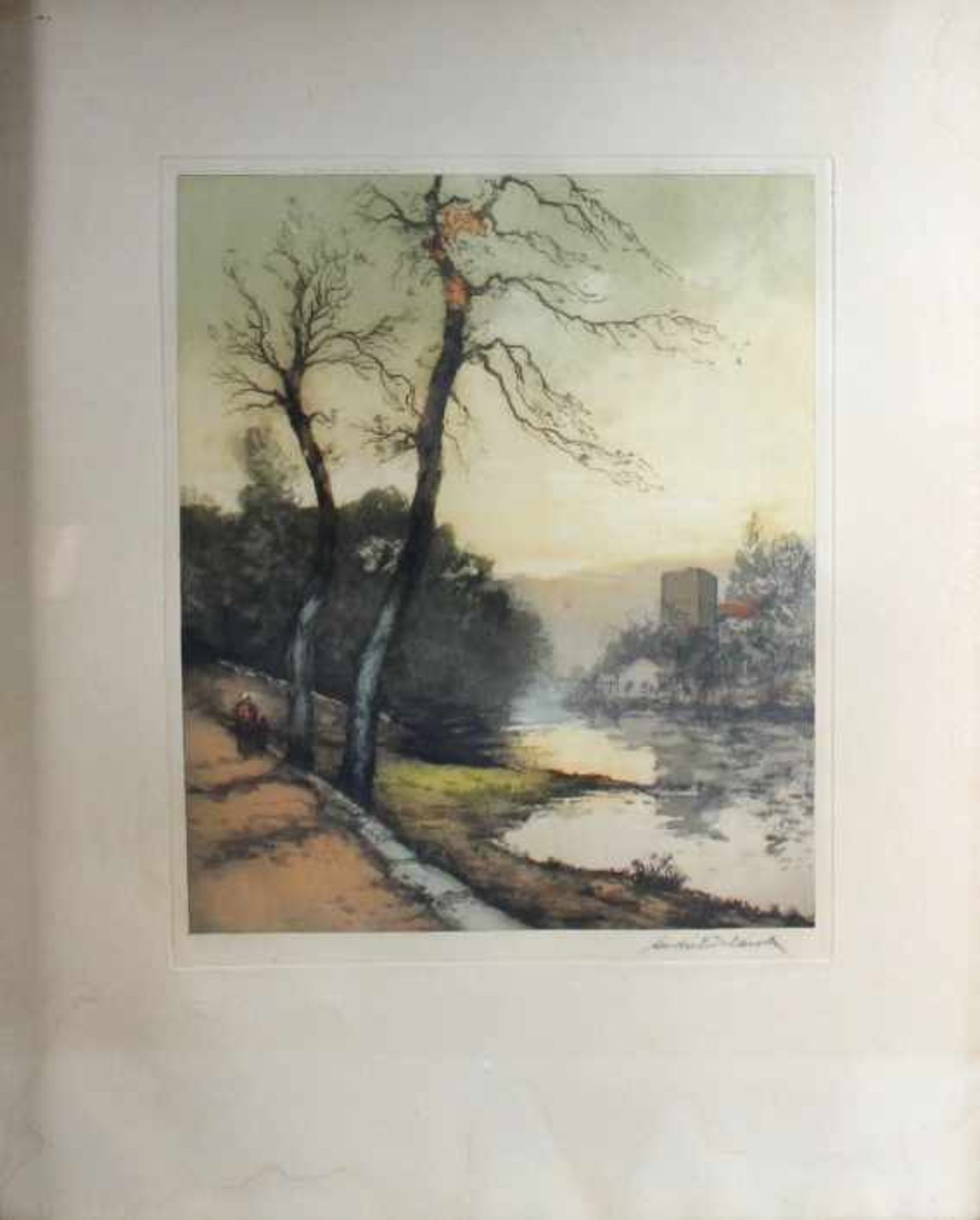 2 Aquatintas gerahmt "Landschaft mit Wasserlauf", signiert André Delaistre (1865-?), um 1922, ca.