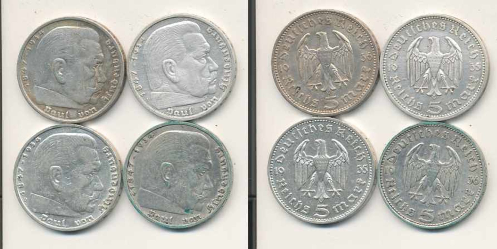 4 Münzen Silber "5 Reichsmark 1935 A, 1935 D, 1936 A und 1936 J, Hindenburg", (ca. 55,3g)- - -23.