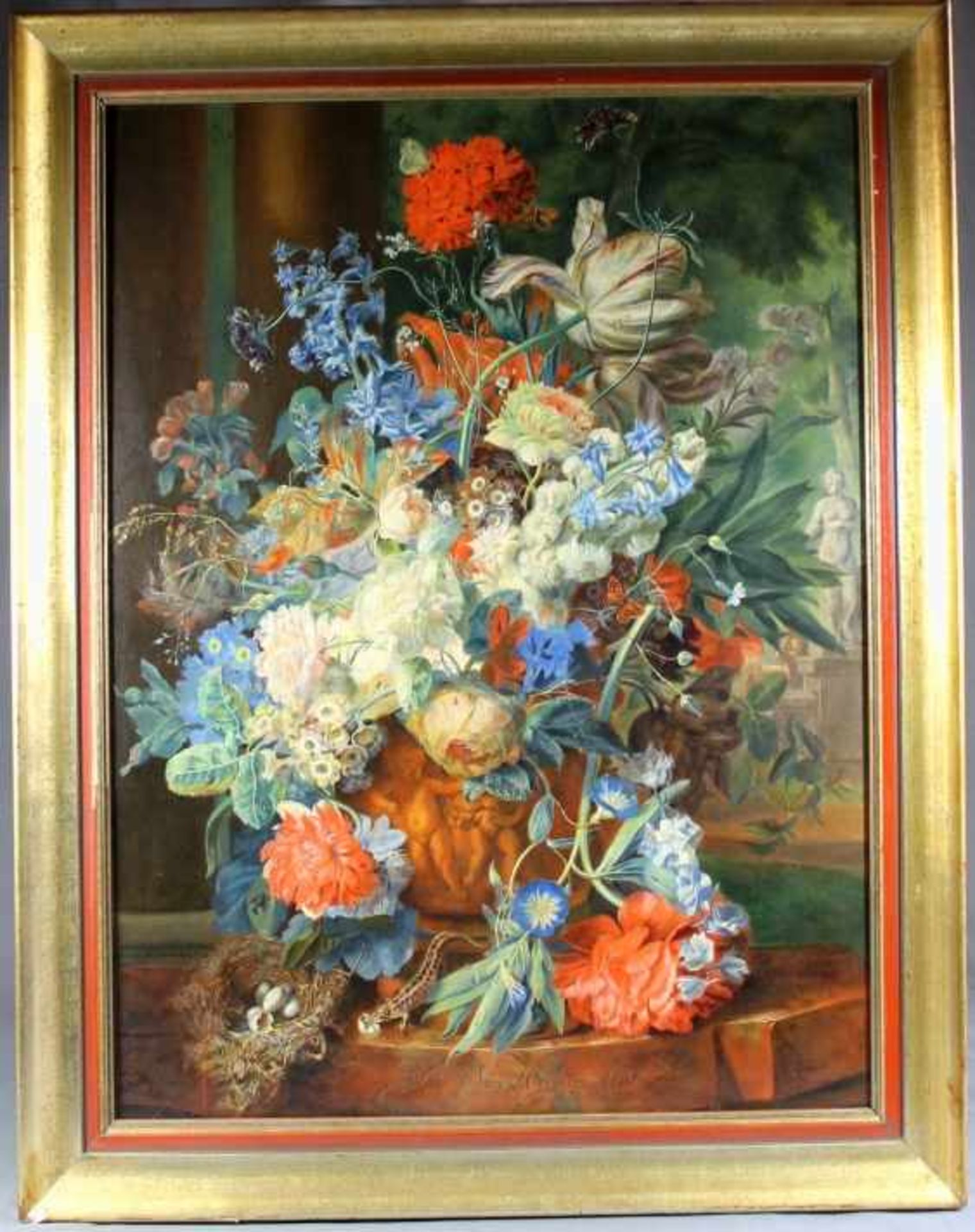1 großes Bild auf Platte "Blumenstilleben", keine Signatur erkennbar, ca. 79cm x 58,5cm (